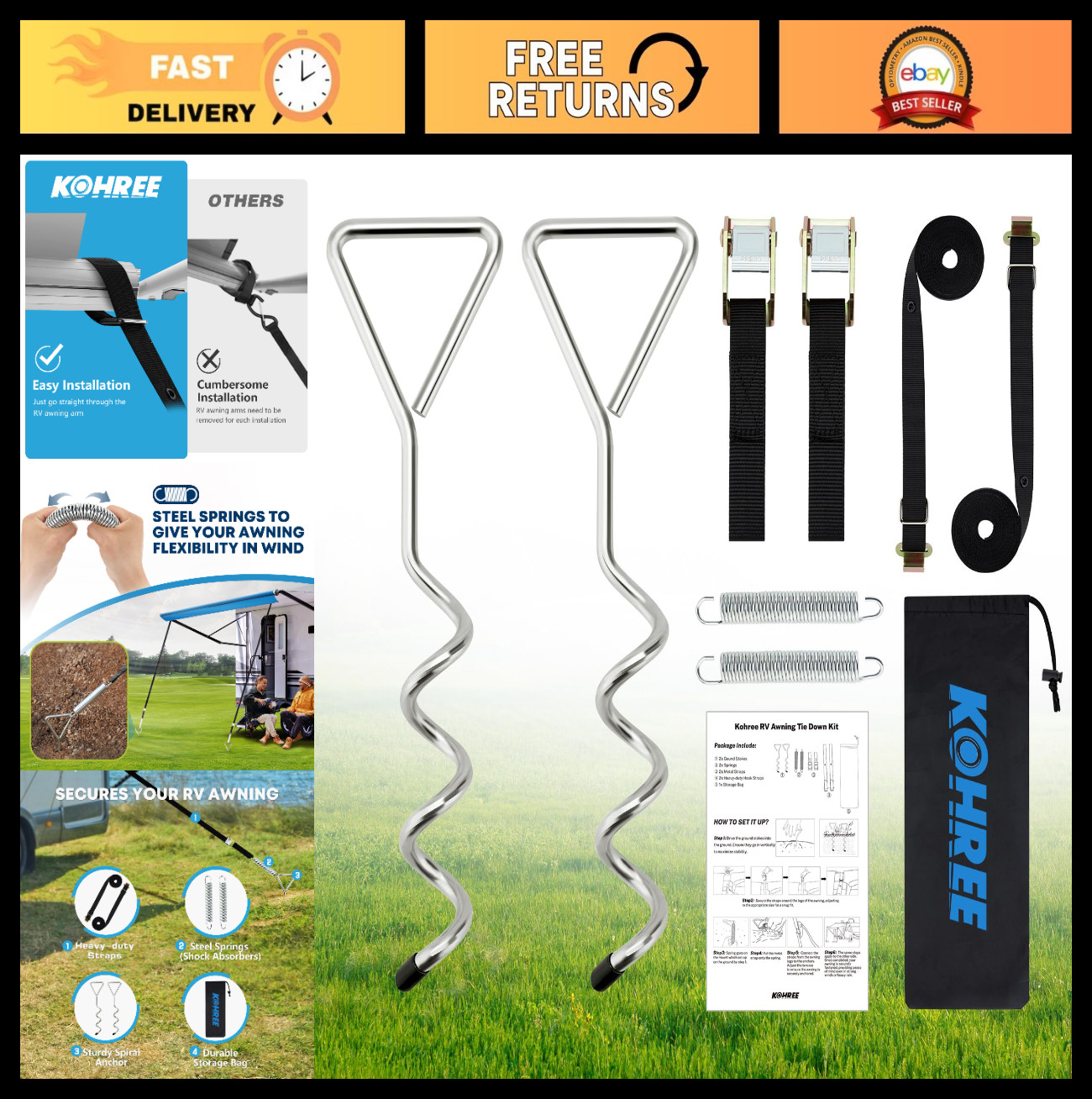 Heavy-Duty RV Awning Tie Down Kit – Durable Anchors, Straps & Storage Bag, Easy