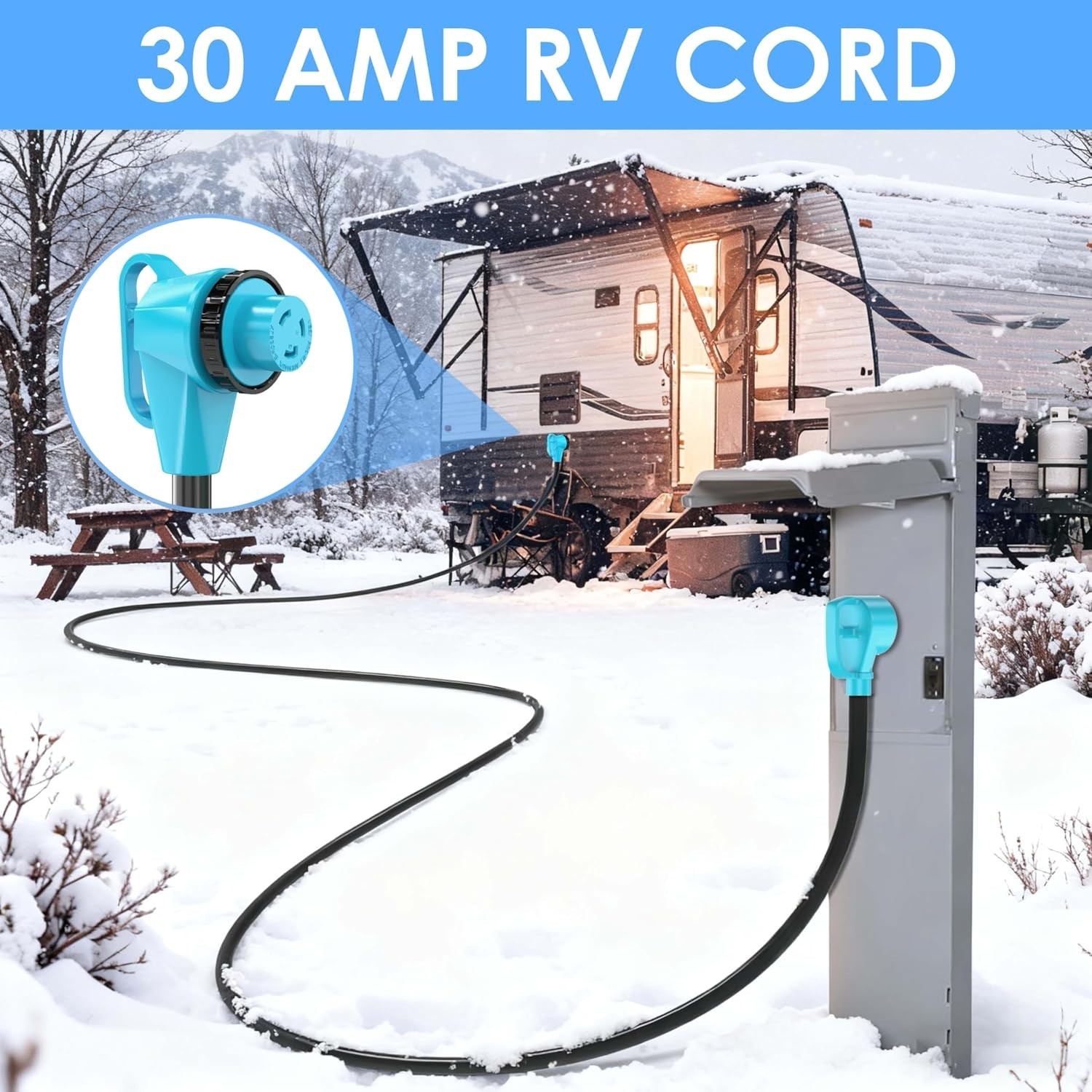 90 Degree Right Angle RV Power Cord 15 Feet with Grip Handle for Easy Use