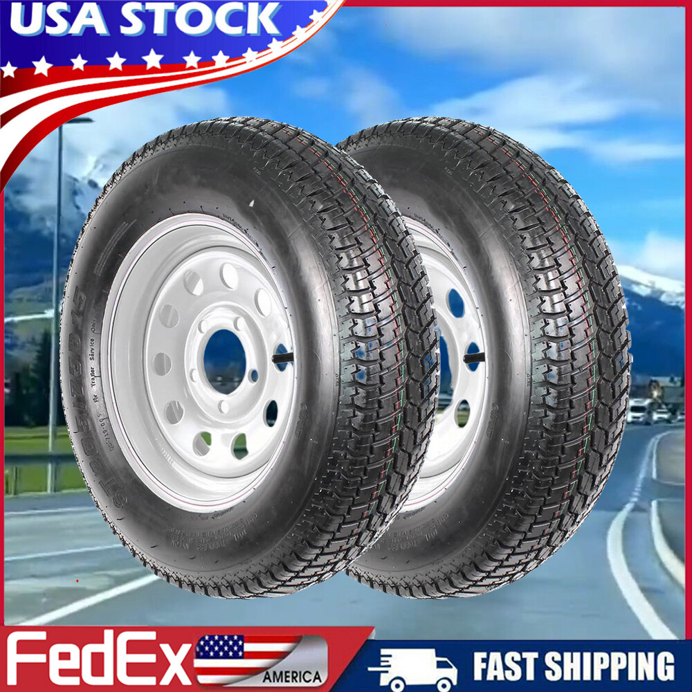 2× ST205/75D15 Trailer Tires with Rims 5 Lug on 4.5″ and Silver Wheels 205 75 15