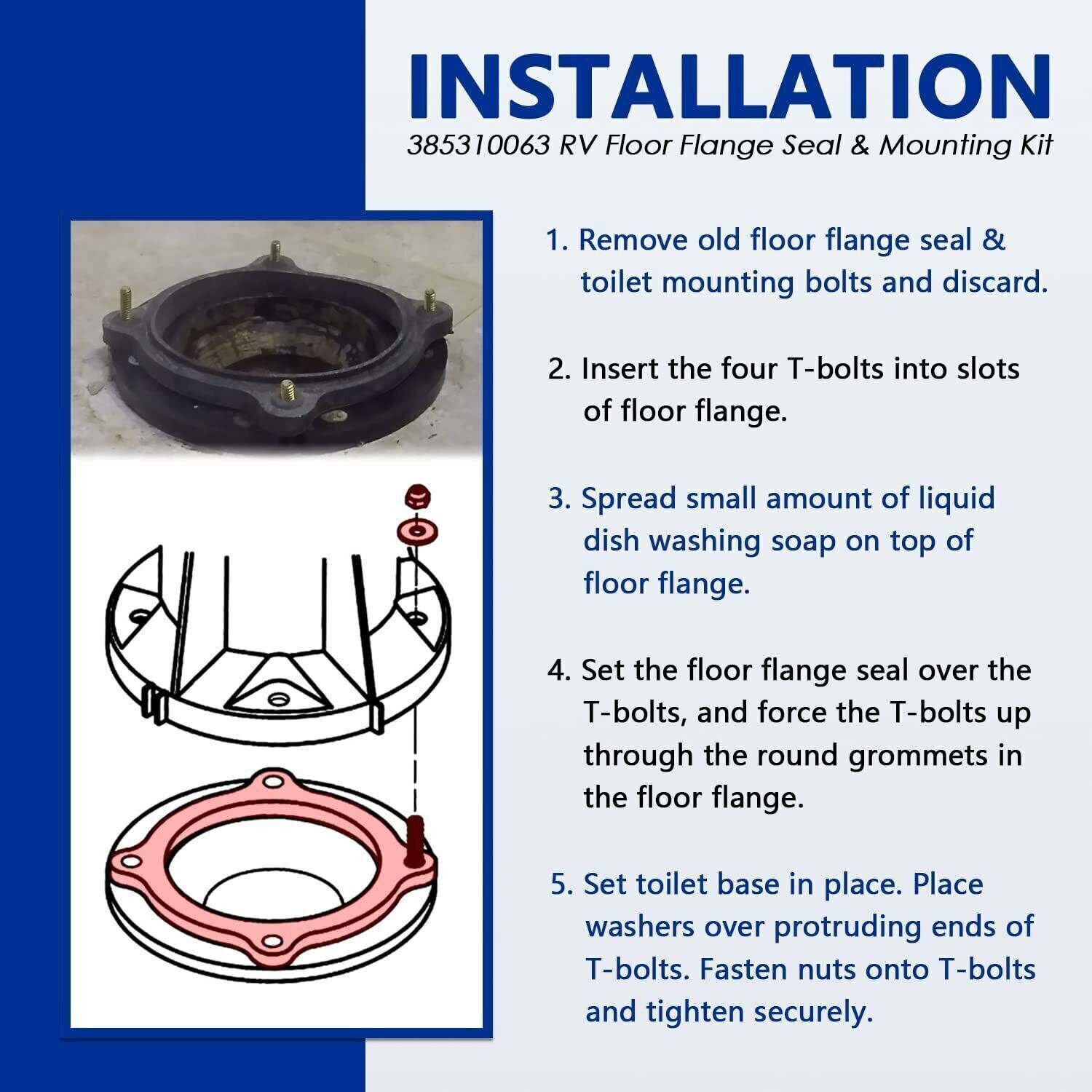 385310063 For Dometic Sealand Toilets 511H RV Floor Flange Seal and Mounting Kit