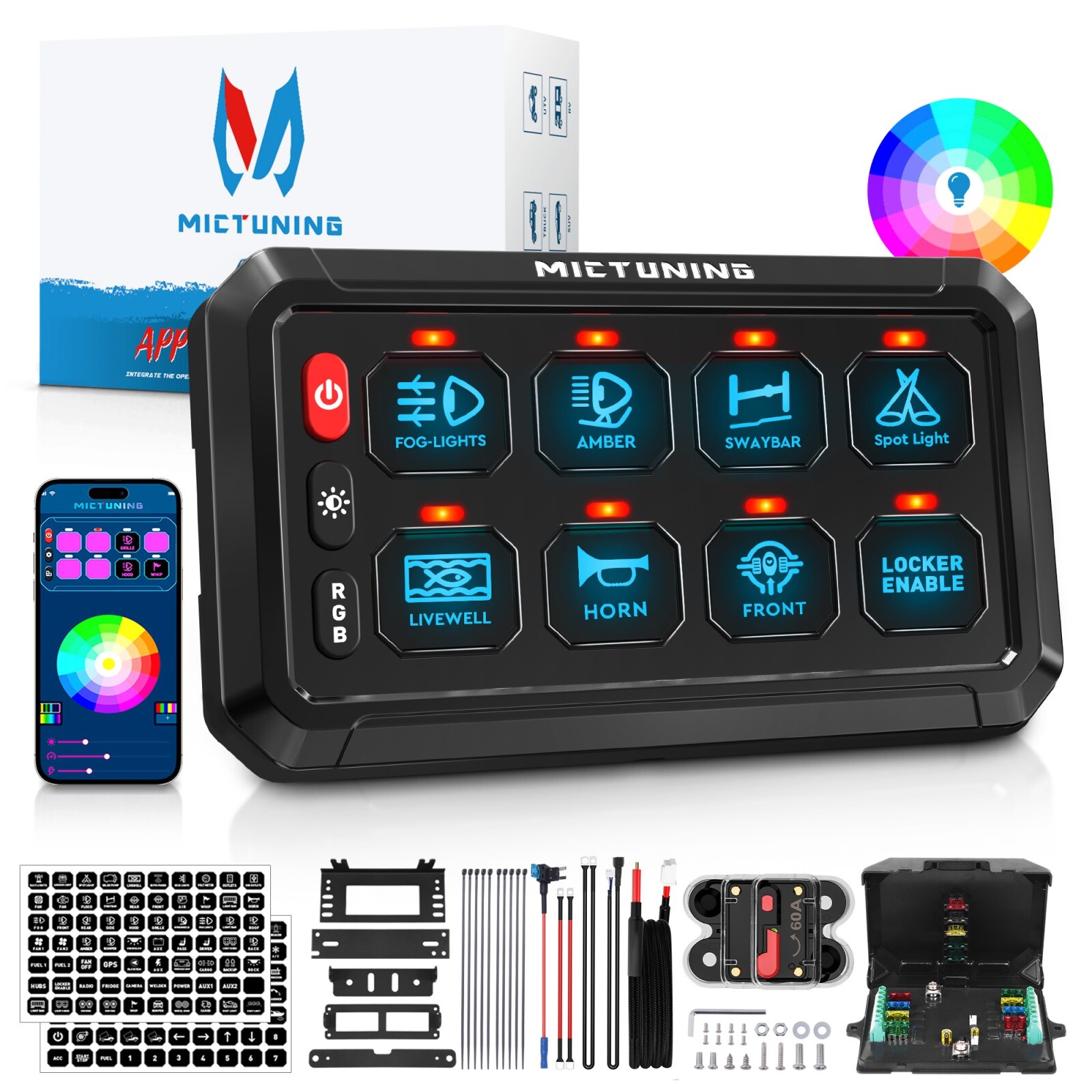 MICTUNING RGB 8 Gang Switch Panel – App Control Multifunction Toggle Switch Box
