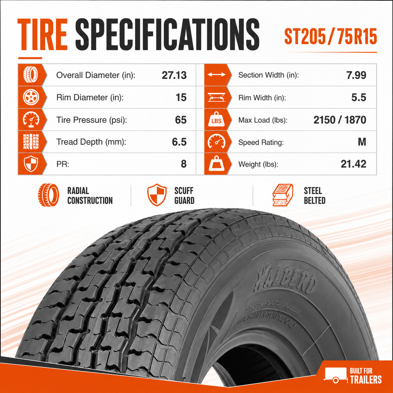 4PCS ST205/75R15 Boat Trailer Tires 8PR Radial Load Range D 205 75 15 All Season