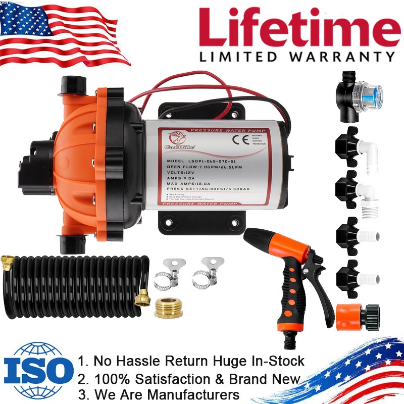 Performanc 12V DC Washdown Pump Kit with 80 PSI 7 GPM For RV Boats Campers Yacht