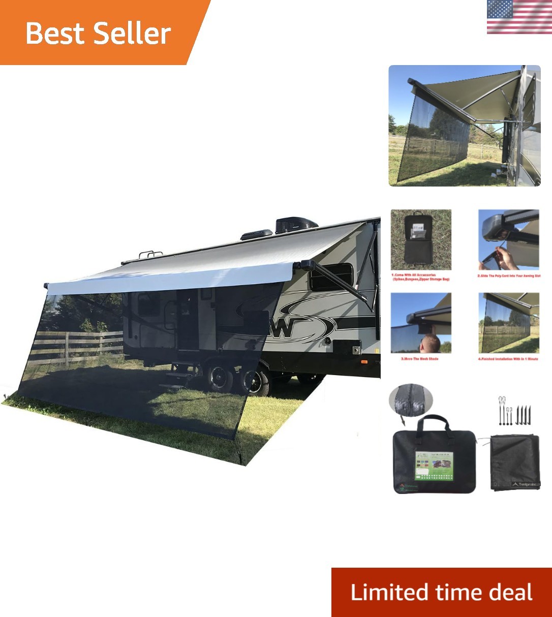 RV Awning Sun Shade Screen Camper Travel Trailer Sunshade 8’X16’3”, Black | …