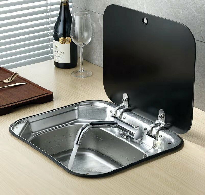 RV Sink Kit Folding Square Outdoor Sink with Lid+Faucet Full Set Stainless Steel