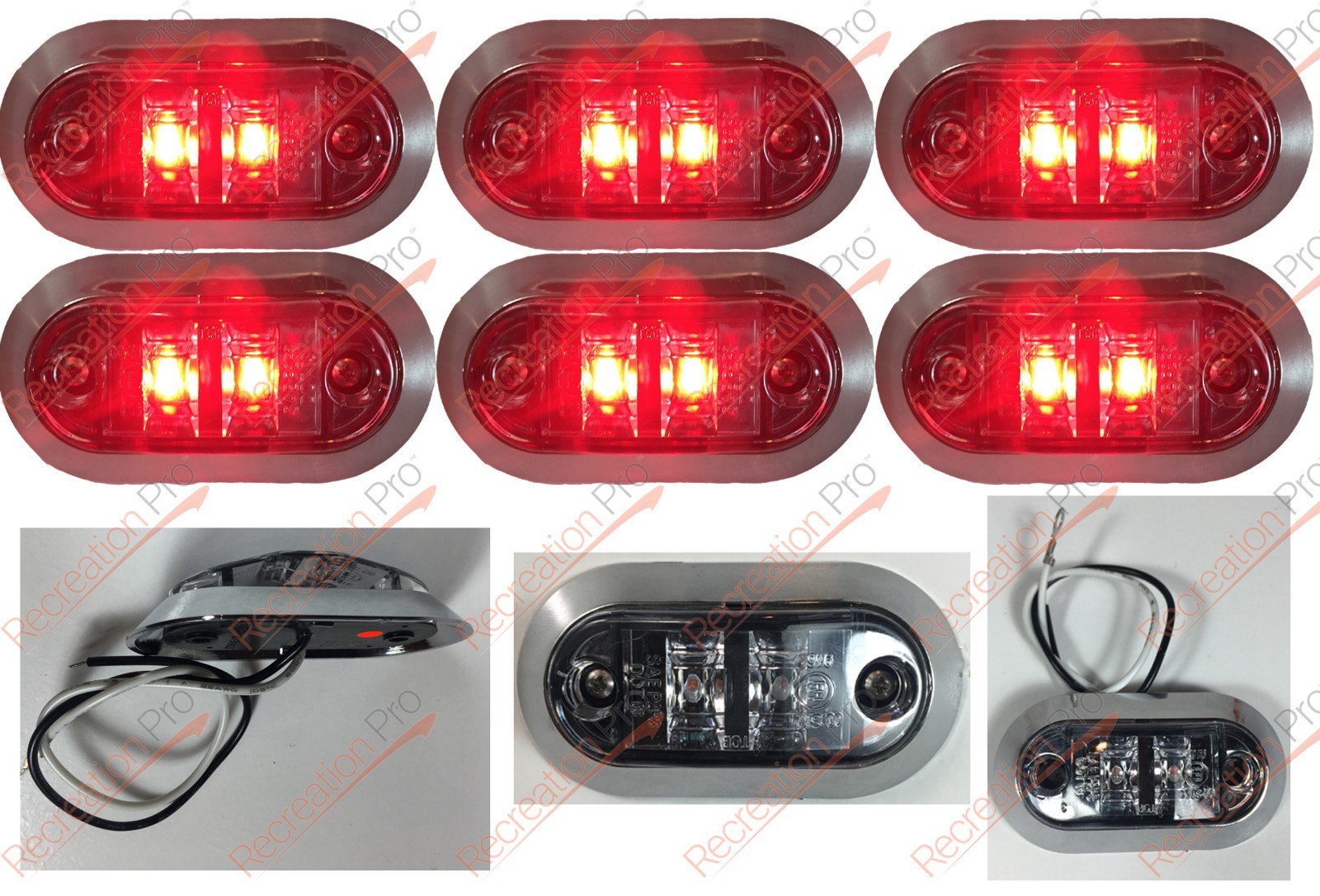 RecPro 3.25×1.75in Clear Lens Red LED Clearance Marker Chrome (6 Pack)
