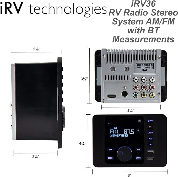 iRV36 Car Stereo with Bluetooth, Wireless RV Radio 2 Zones Wall Mount Car Audio