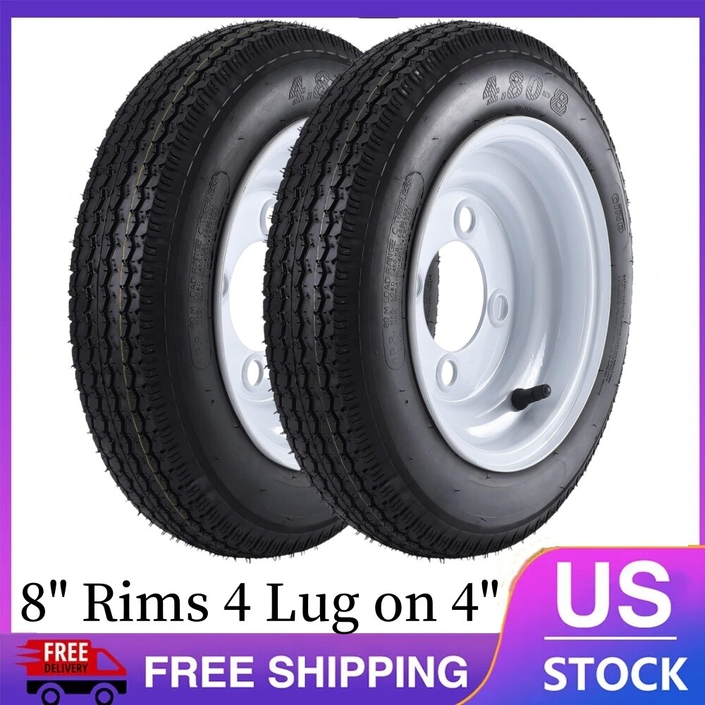 🆕2 pack Trailer Tires 4.80-8 with 8″ Rims 4 Lug X 4″ Tire Max Load 760LBS 90PSI