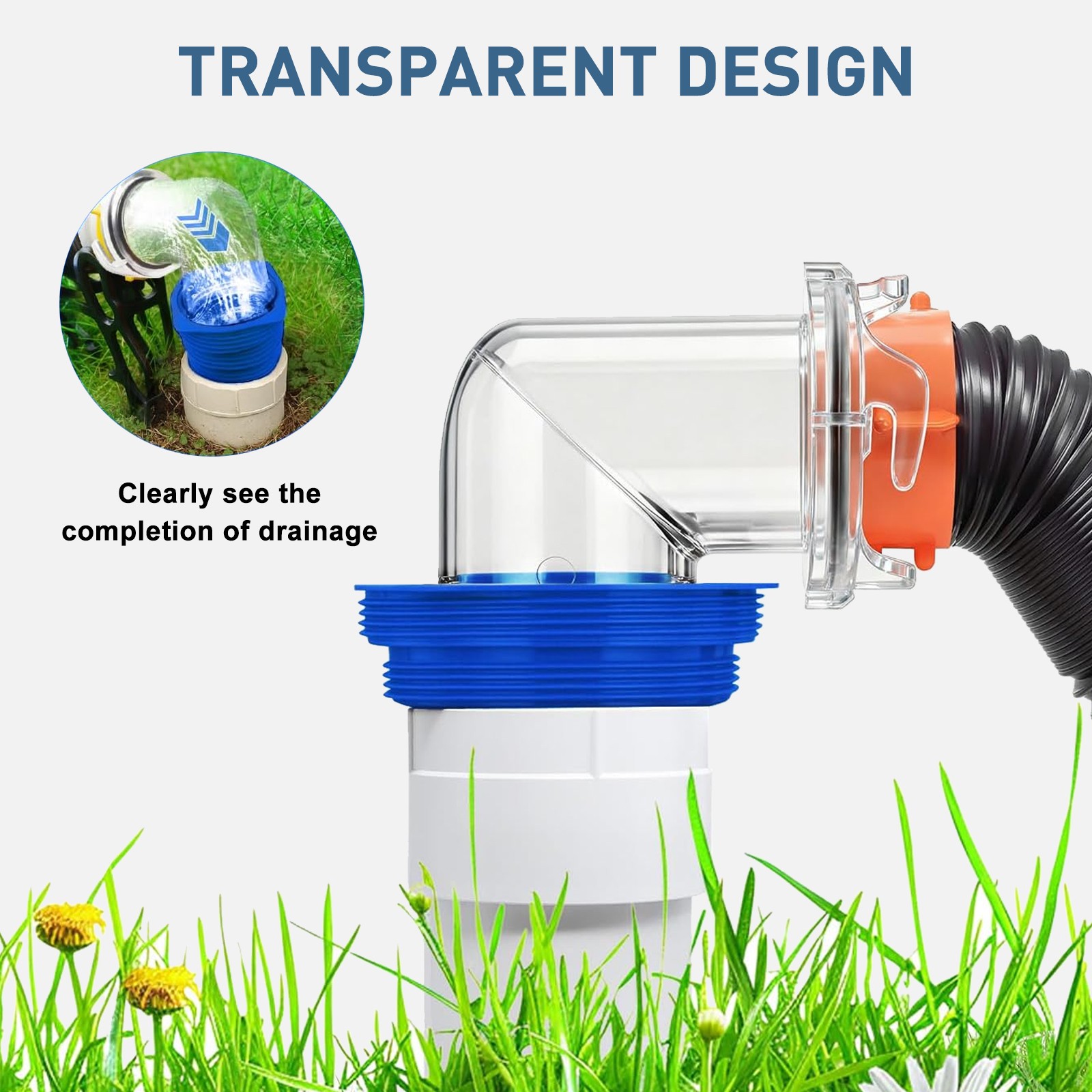 RV Sewer Hose Elbow 90° Clear Fitting w/ 4-in-1 Adapter 3″ 3.5″ 4″ NPT Connector