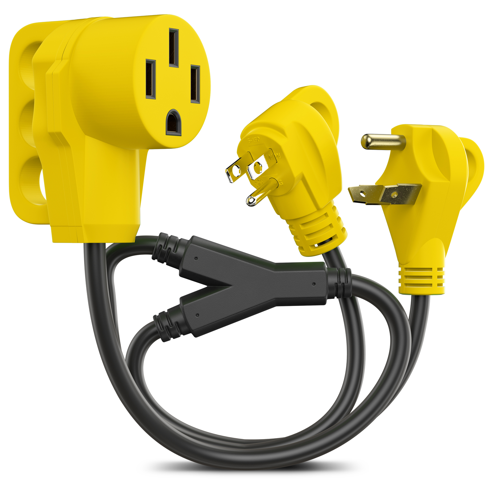 1 50 amp Female to: 1 each 30A & 15A Male Plugs, RV Y split Power Cord Adapter