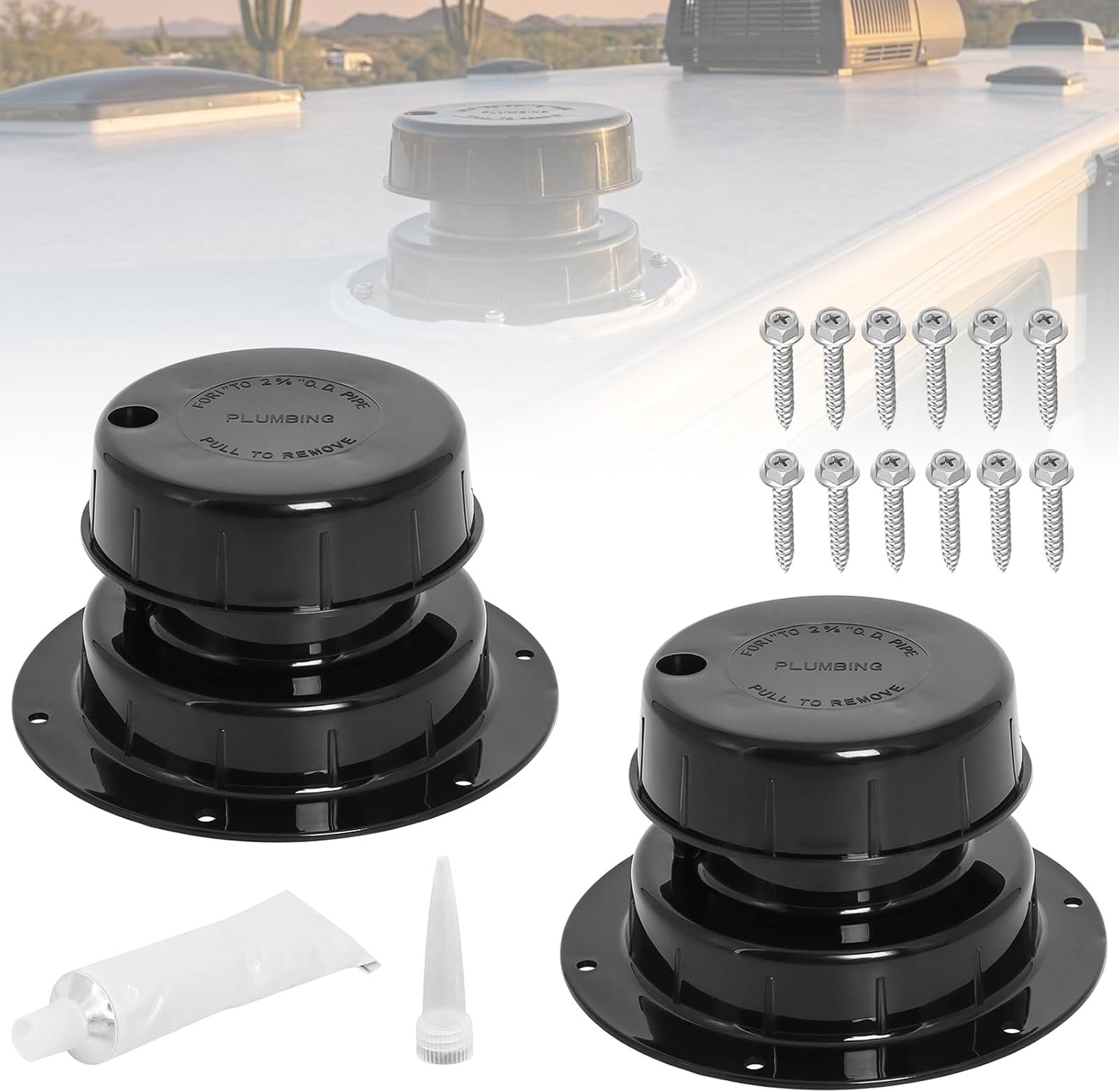 RV Plumbing Vent Caps, UV-Resistant Plastic, 1-2 3/8 Inch Pipe, Black, 2 Pack