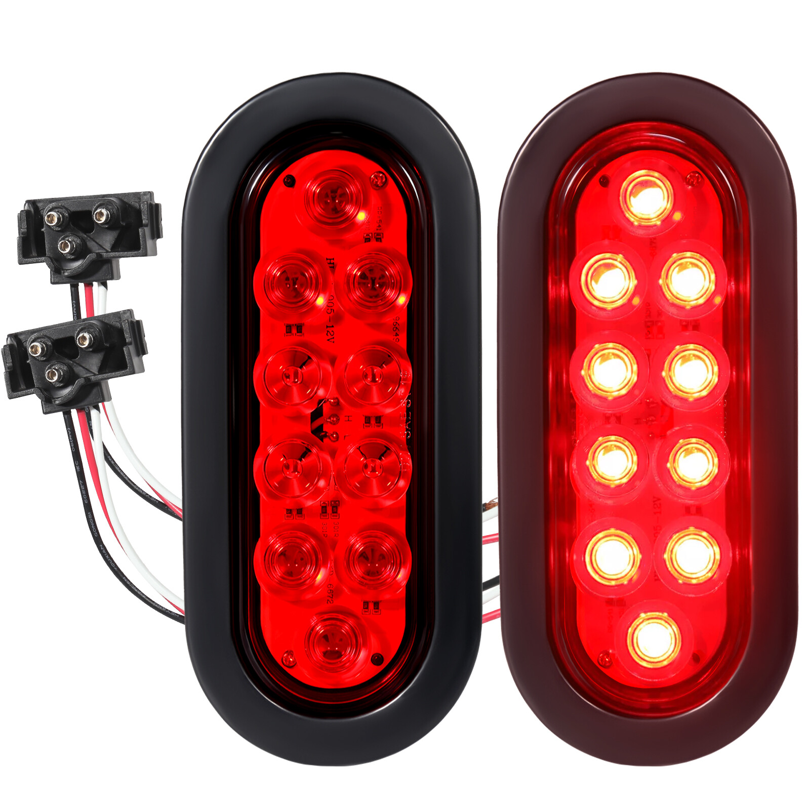 2 Red 6″ Oval Trailer Lights 10 LED Stop Turn Tail Truck Sealed Grommet Plug DOT