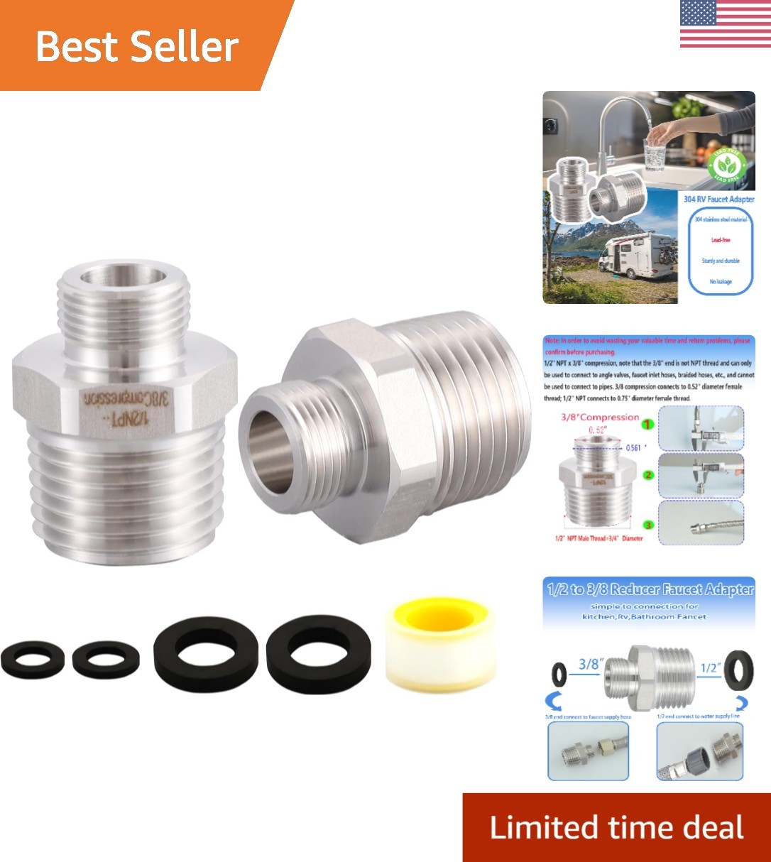 Lead-Free 304 RV Faucet Adapter Set – 1/2″ to 3/8″ Reducer (Set of 2)