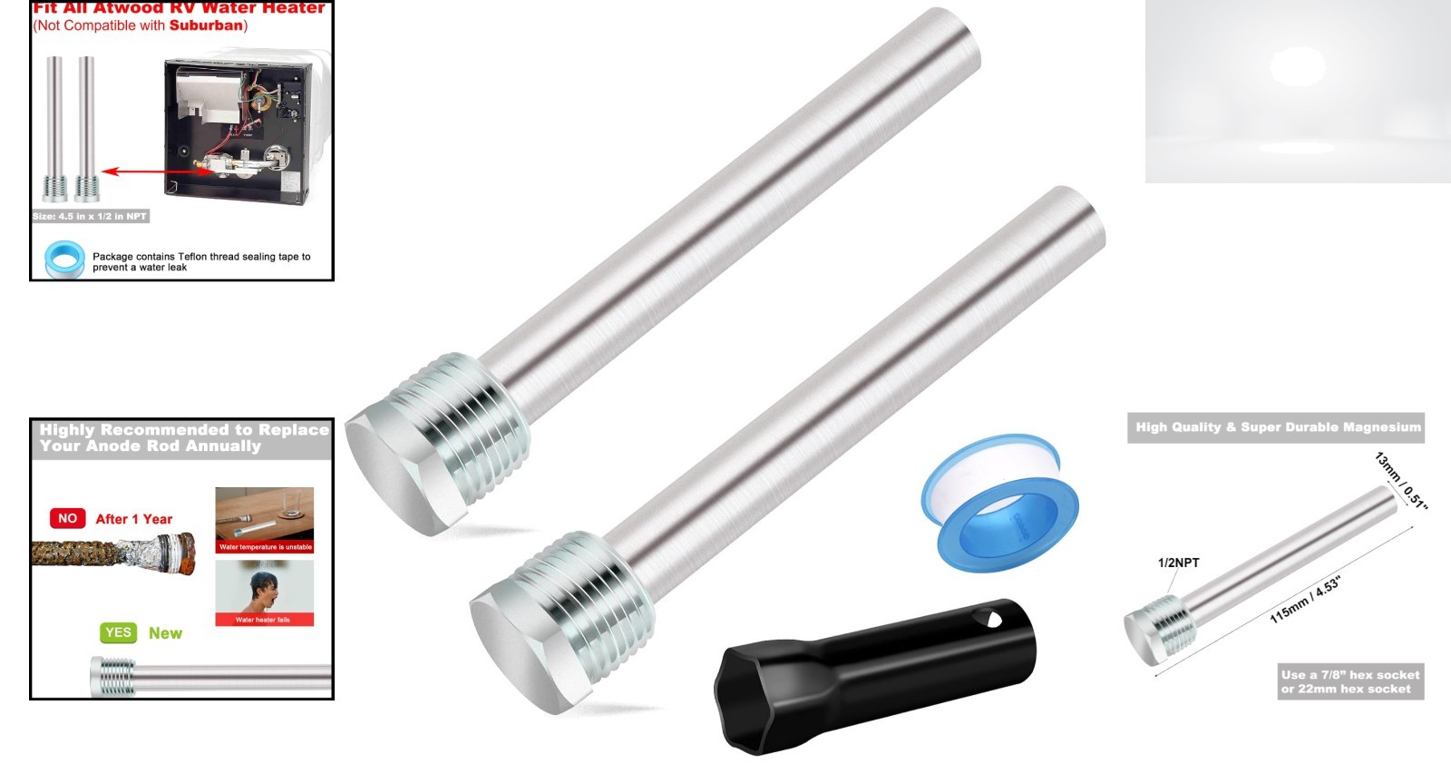 RV Water Heater Anode Rod Replacement 4.5″ 1/2″ NPT Magnesium 2 Pack Fits Atwood