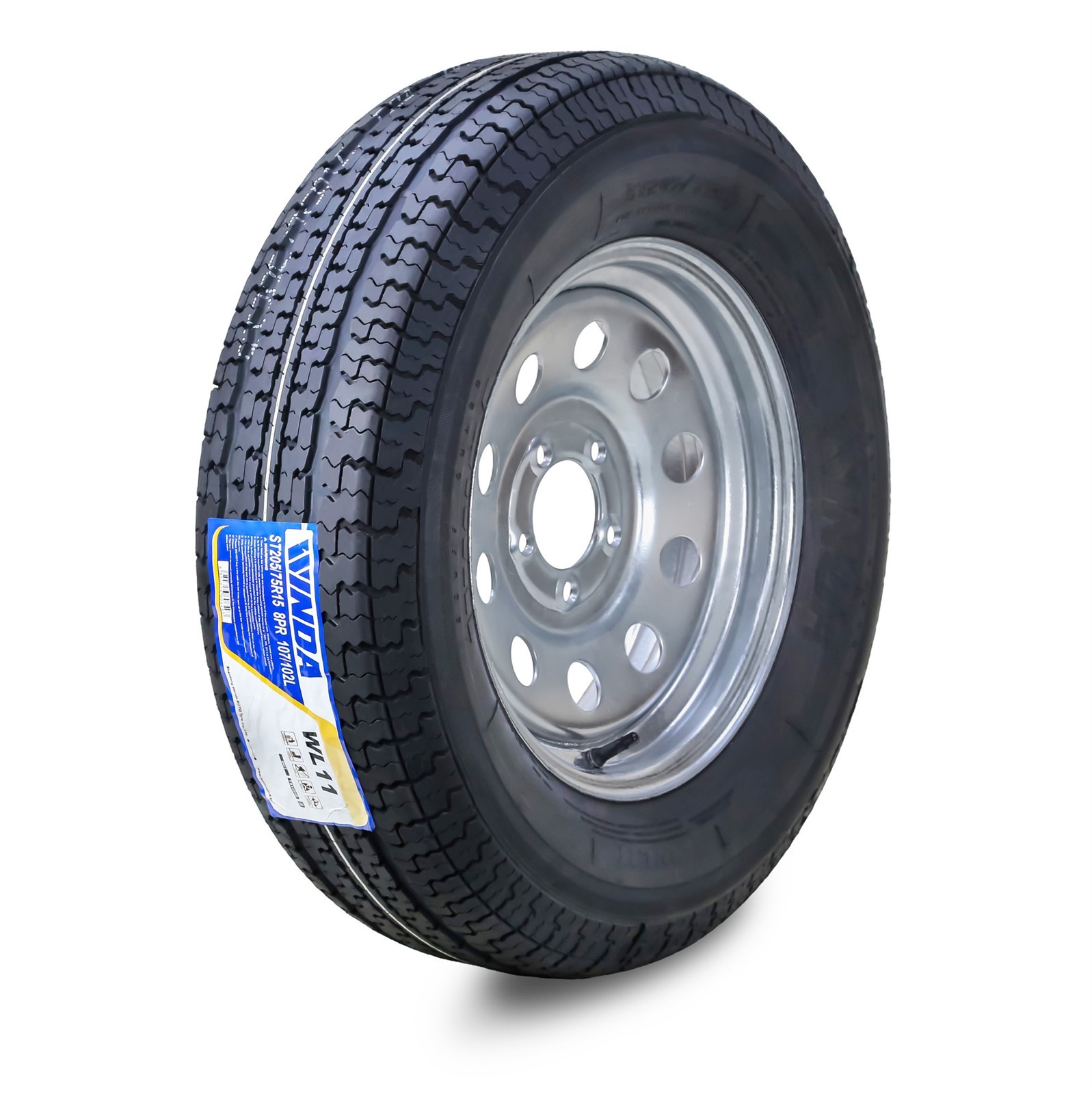 WINDA Trailer Tire Wheel Assembly ST205/75D15 8-Ply D 107L 5×4.5″ Galvanized Mod