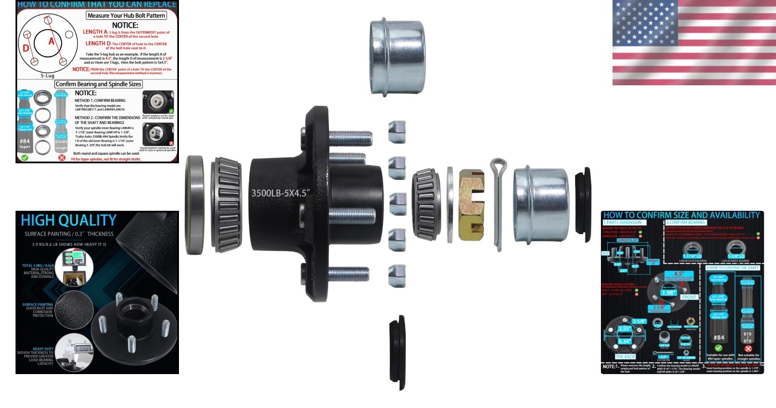 5 Lug Trailer Hub Kit 4.5 for 3500 lb Axles – Advanced Design with Extra Parts