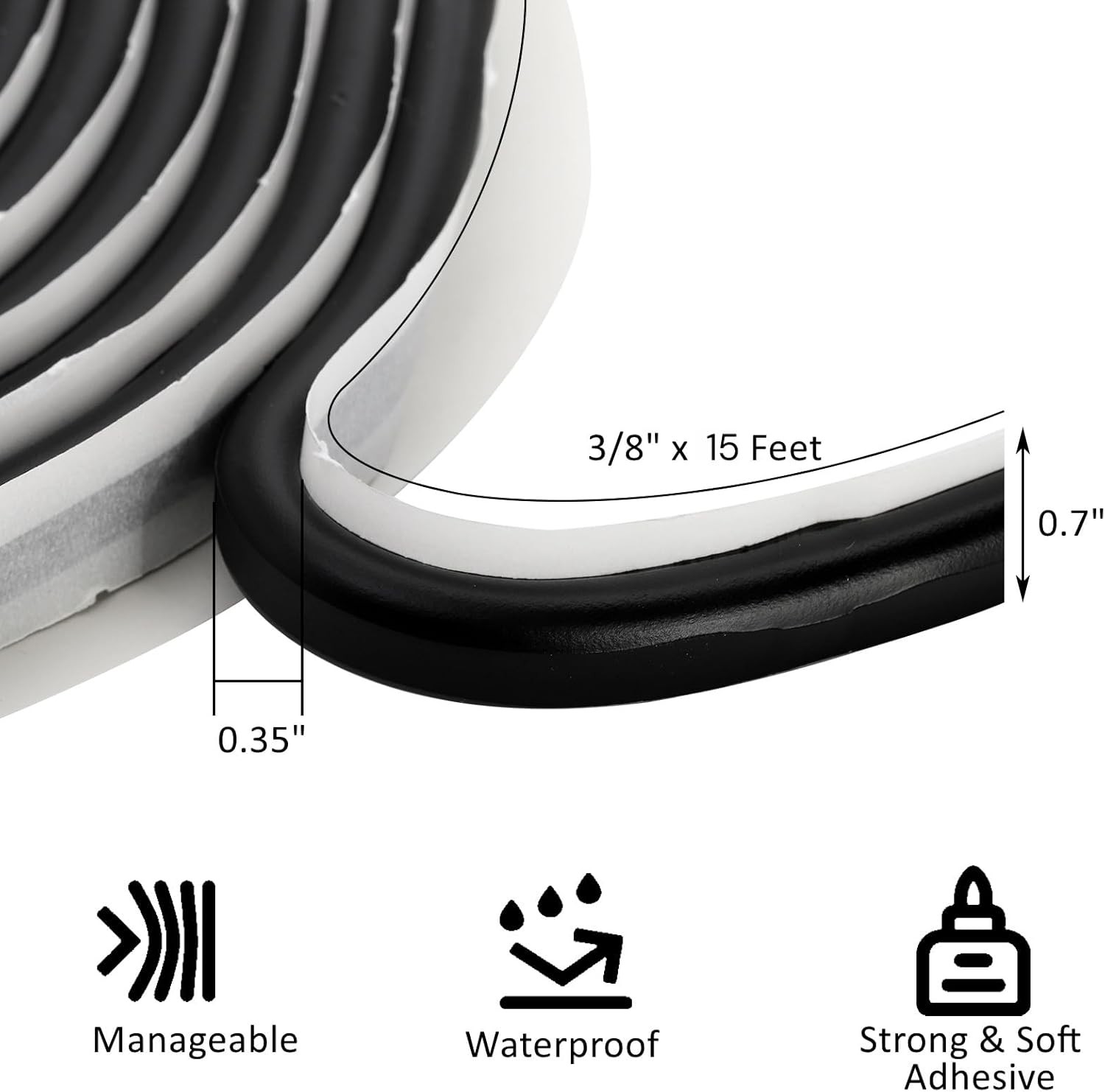 Double-layer butyl sealing tape, 3/8 inch × 15 feet black rubber sealing tape,