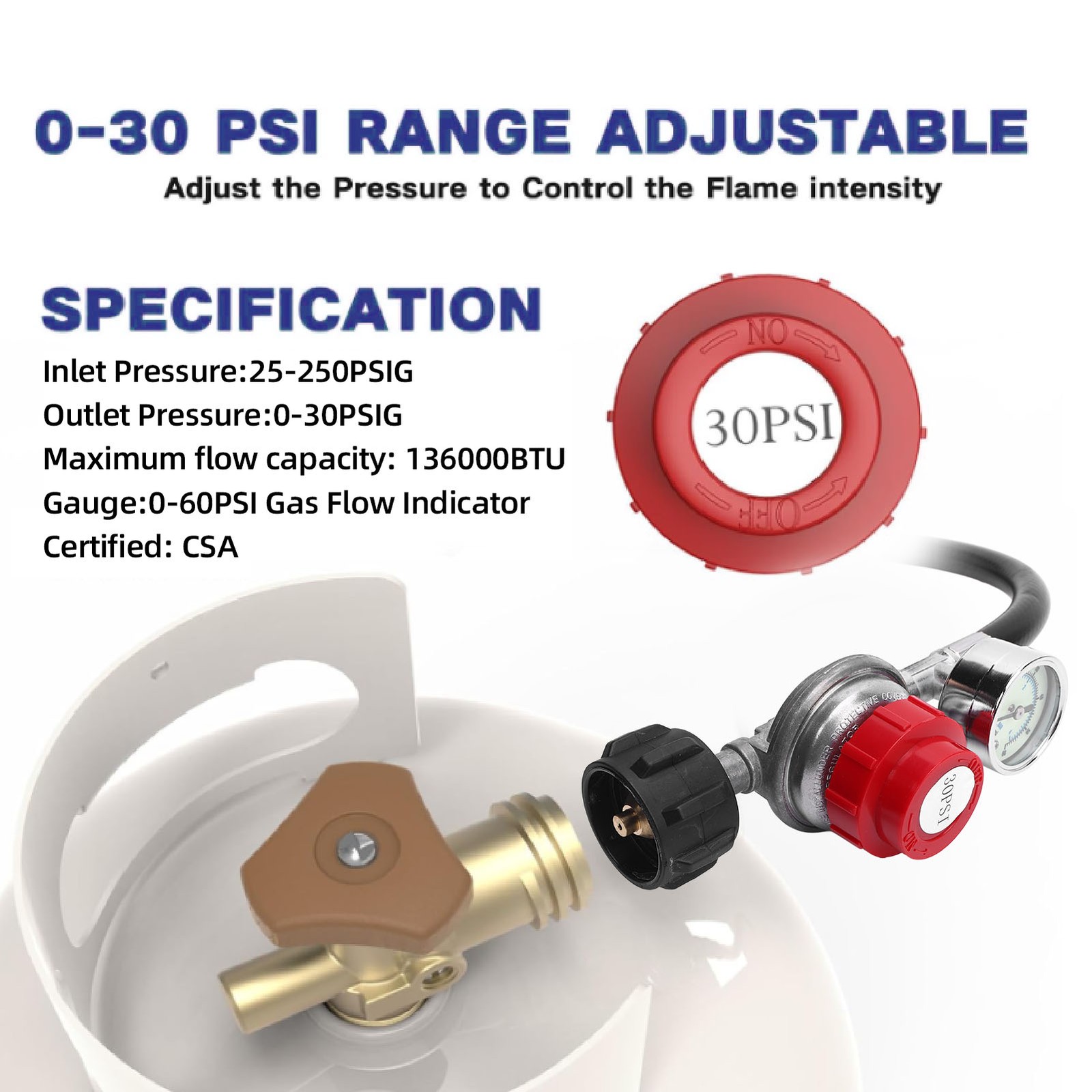 5FT High Pressure Gas Regulator 0 To 30 PSI Adjustable With Gauge For RV Van