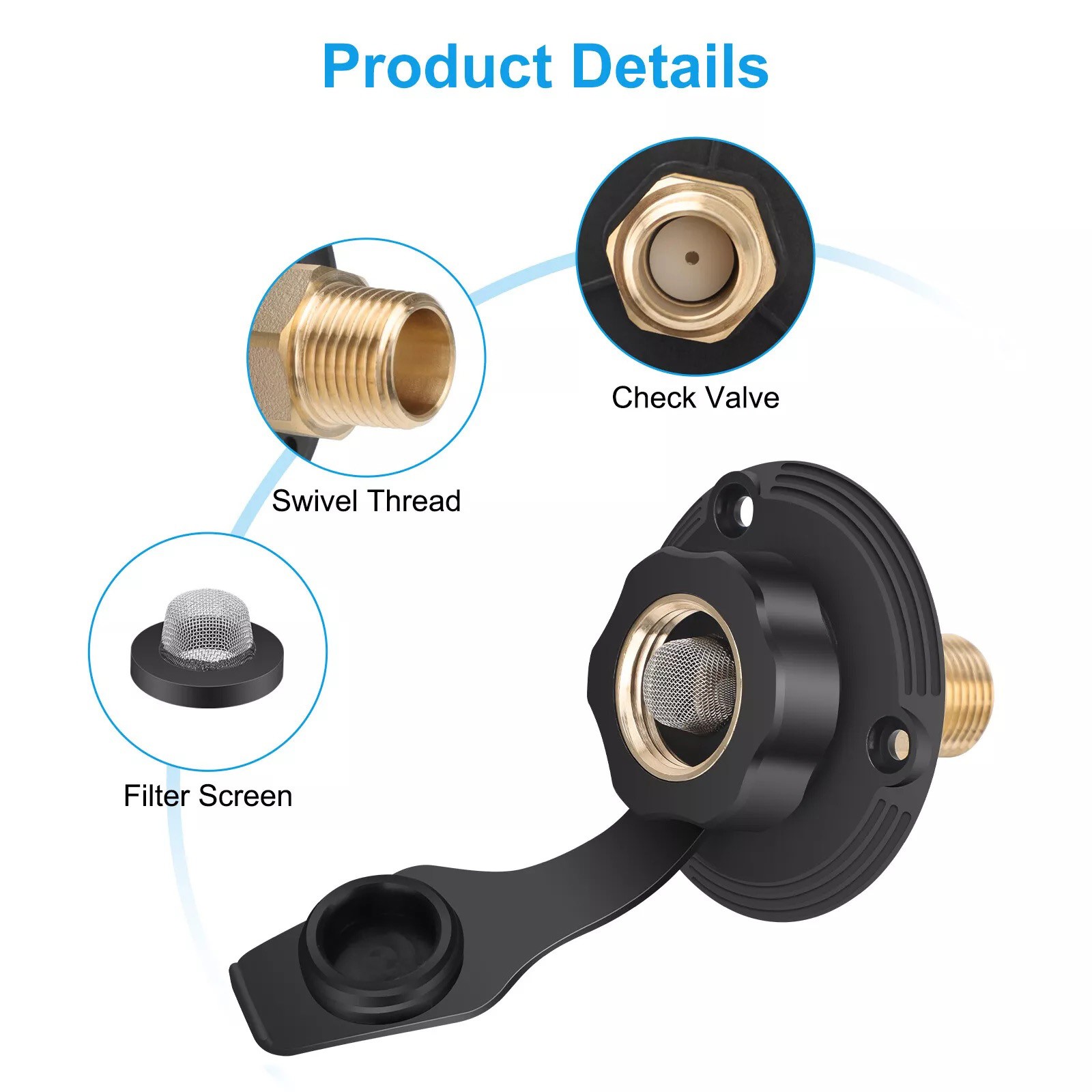 RV City Water Inlet w/Check Valve Flange 3/4″GHT-1/2″NPT Universal Camping Kit