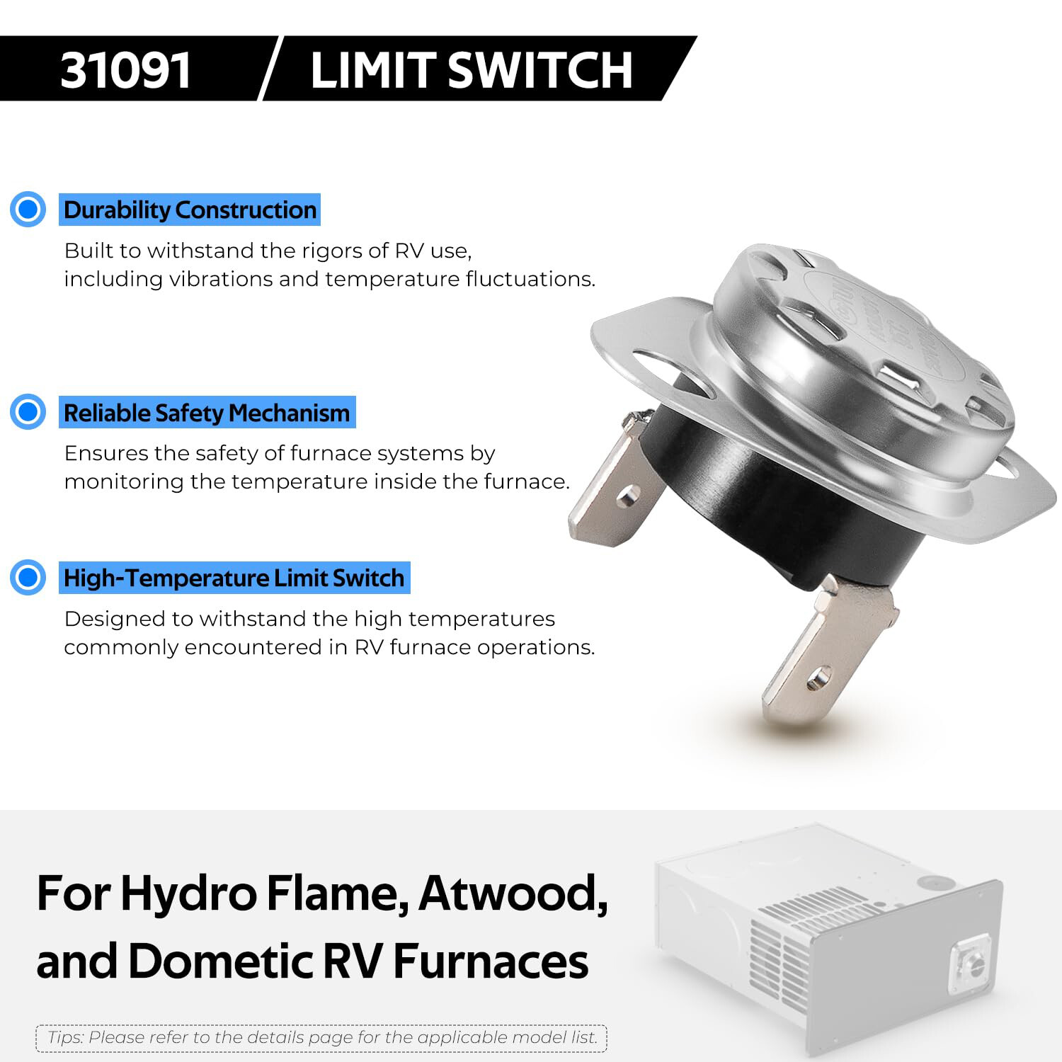 31091 Limit Switch 190° for Atwood/ Hydro Flame/ Dometic RV Furnace Heater