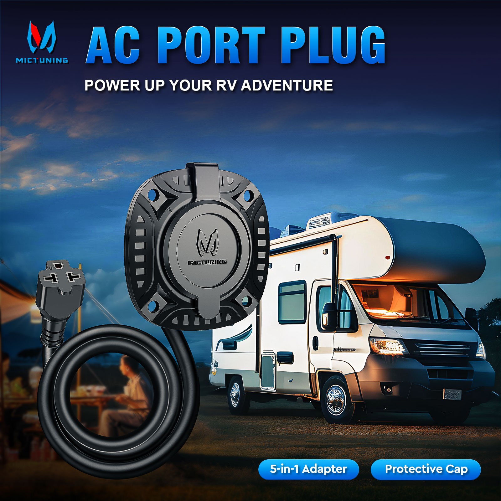 5-in-1 AC Port Plug, RV Shore Power Inlet Plug T-Blade Adapter 125V 20Amp