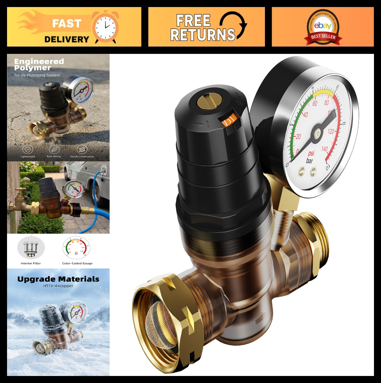 Adjustable RV Water Pressure Regulator with Gauge & Inlet Screen Filter – Camper