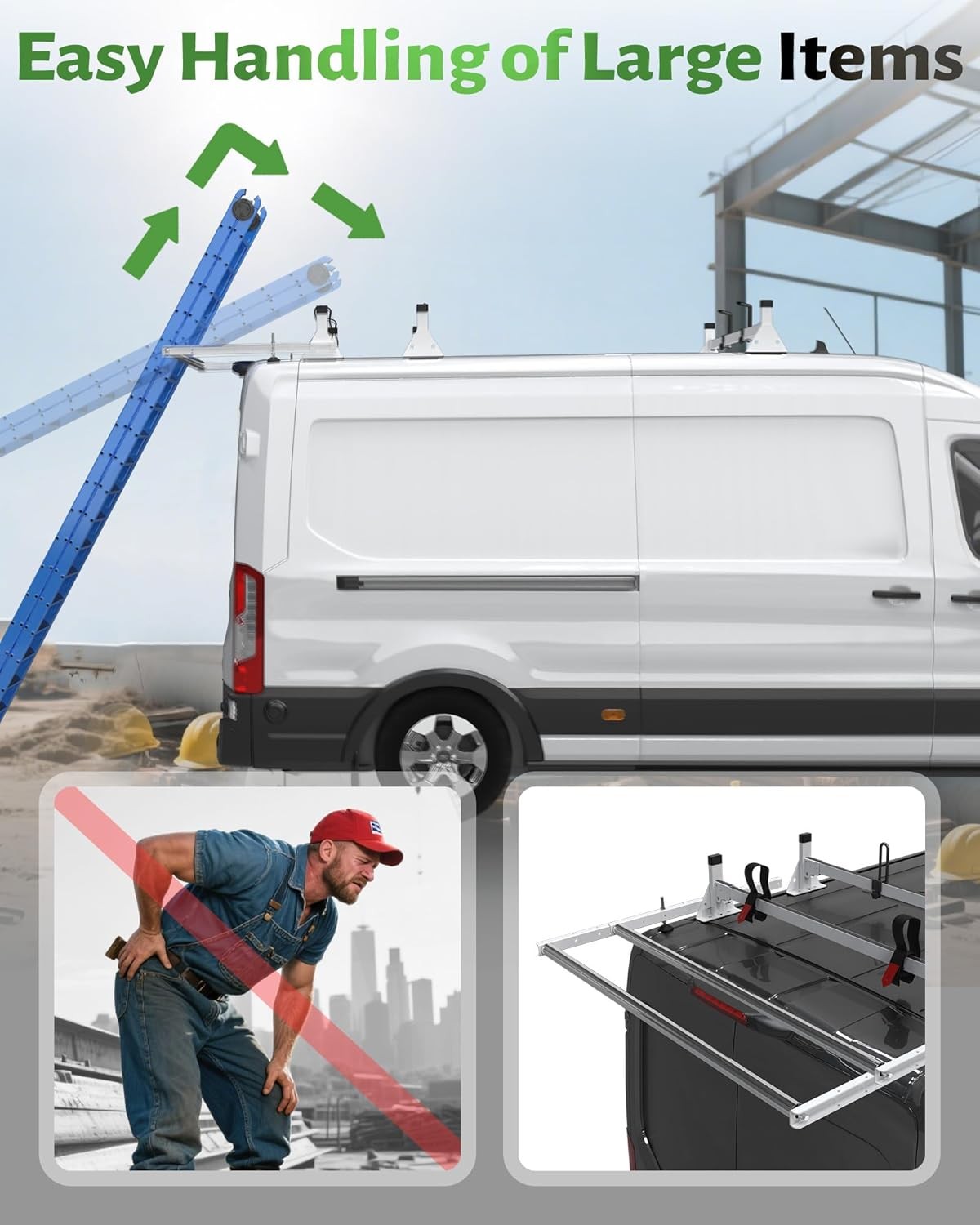 Cargo Van Roof Ladder Rack W/ 36″ Rear Roller For Ford Transit 150 250 350 15-on