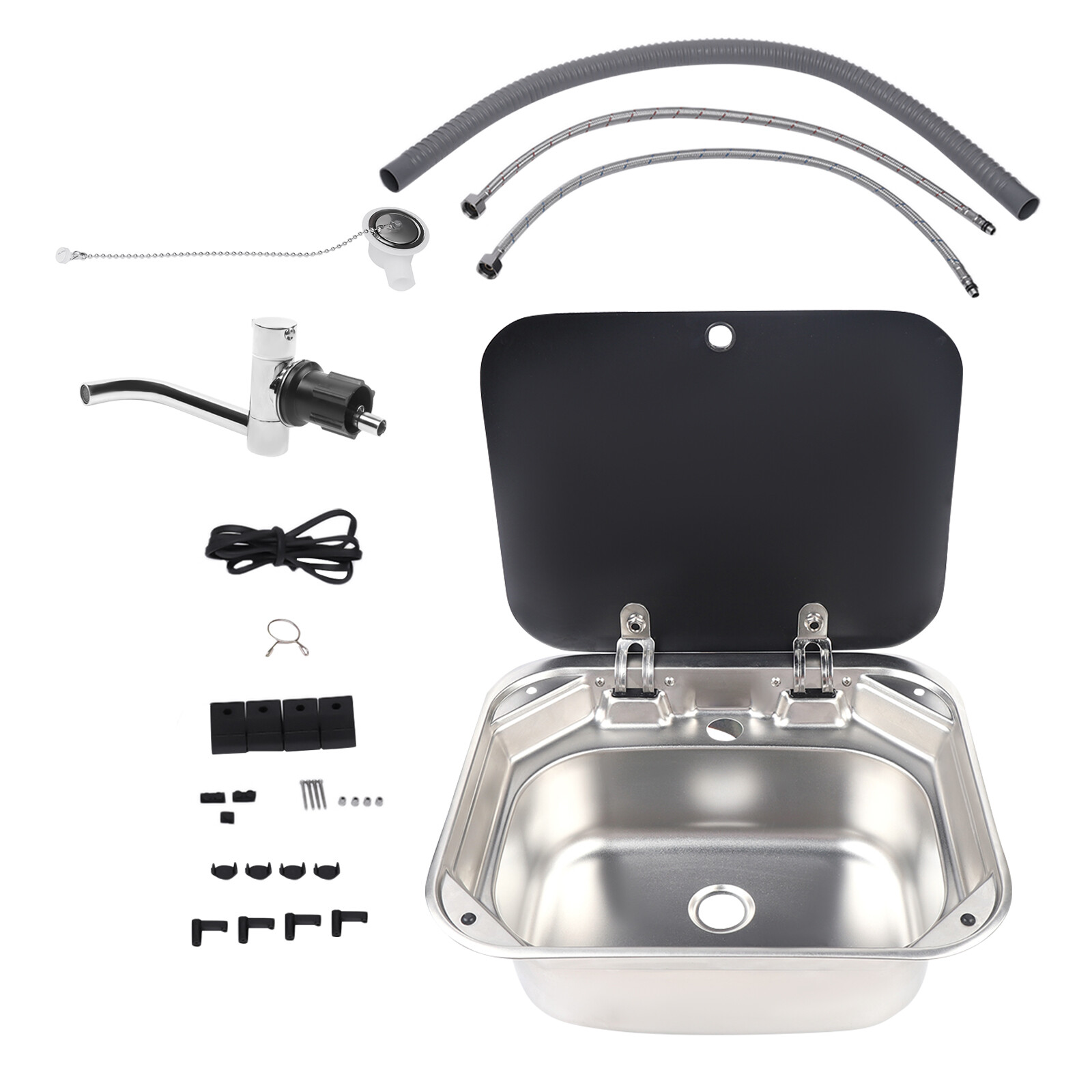 RV Caravan Camper Stainless Steel Hand Wash Basin Kitchen Sink w/ Lid+Faucet Kit