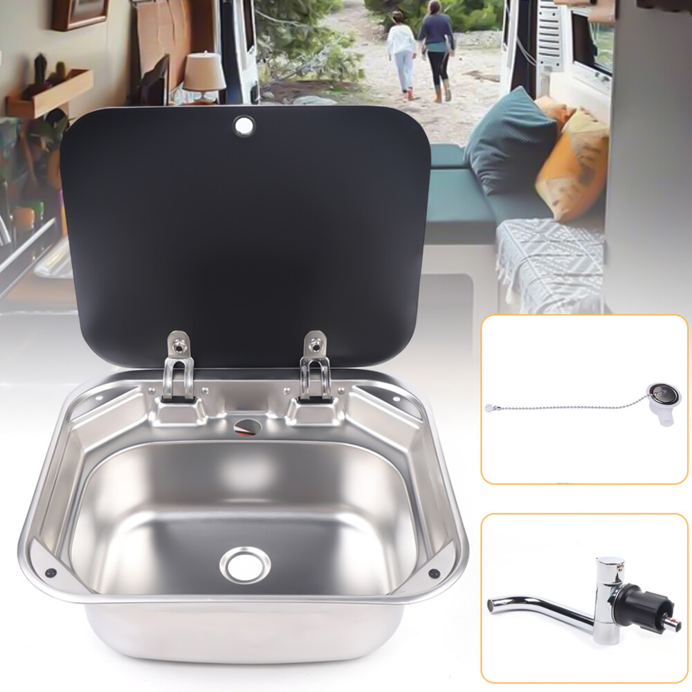 RV Caravan Camper Sink Stainless Steel Hand Wash Basin & Glass Lid & Faucet