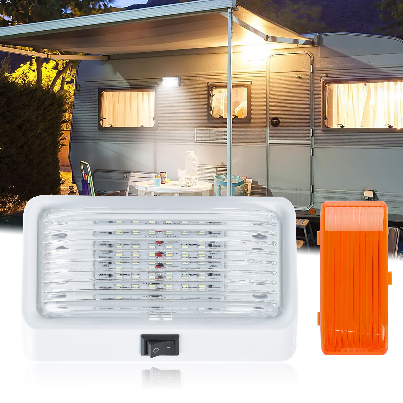 12V RV Exterior Porch Utility Light Fixture LED Light w/switch Clear/Amber Lens