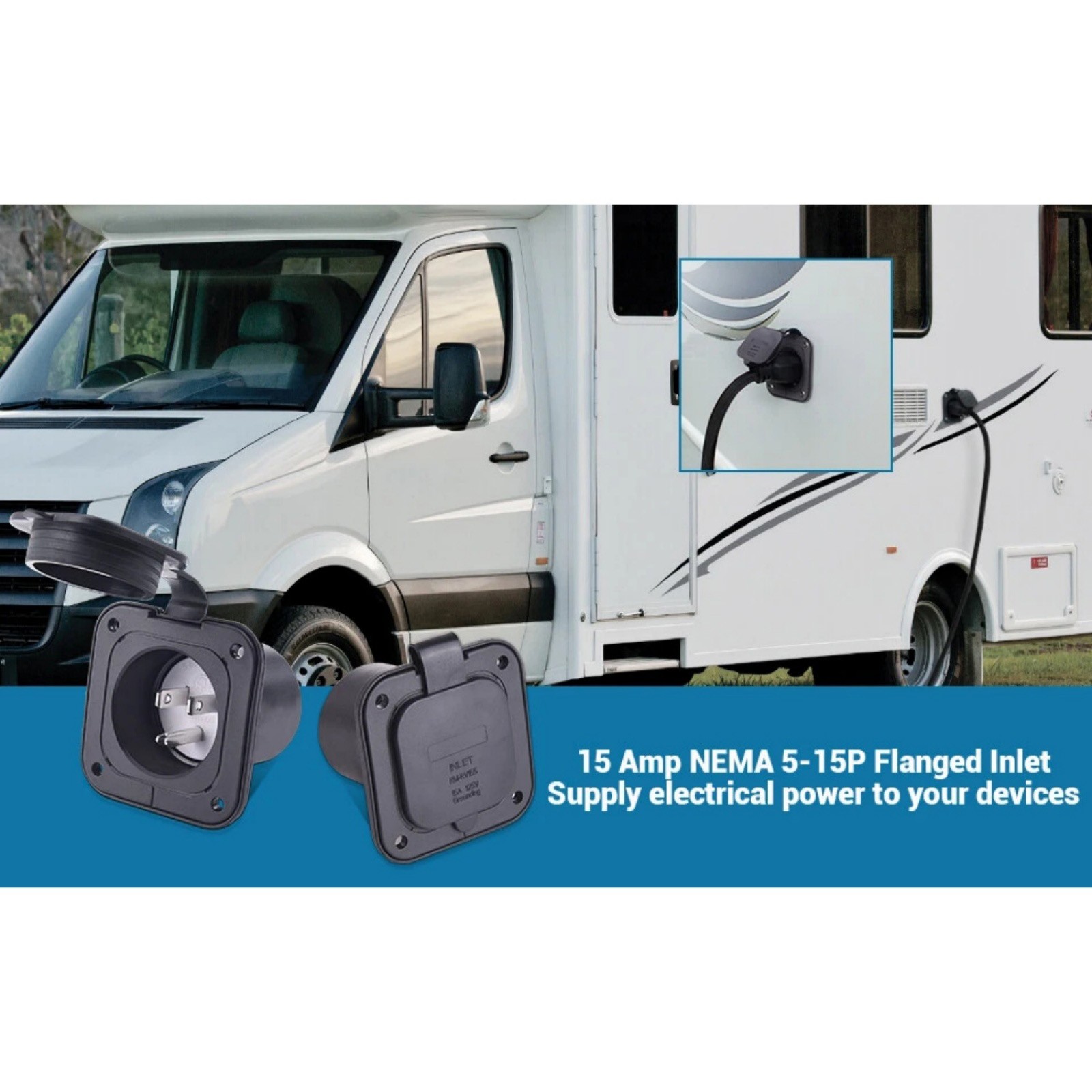1× 15A 125V RV Power Inlet Receptacle with Waterproof Cap for Camper Marine Boat