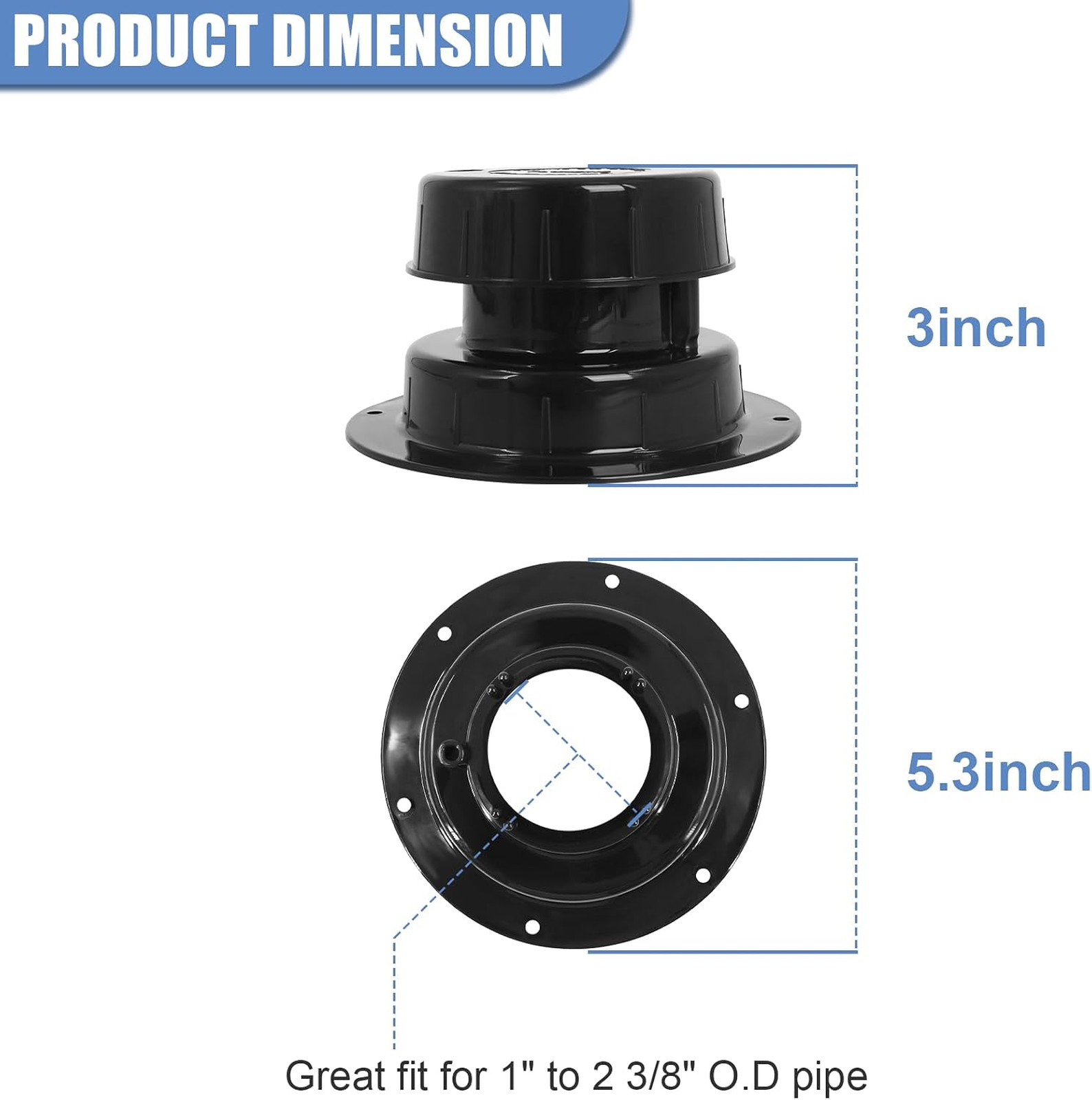 RV Plumbing Vent Caps, UV-Resistant Plastic, 1-2 3/8 Inch Pipe, Black, 2 Pack