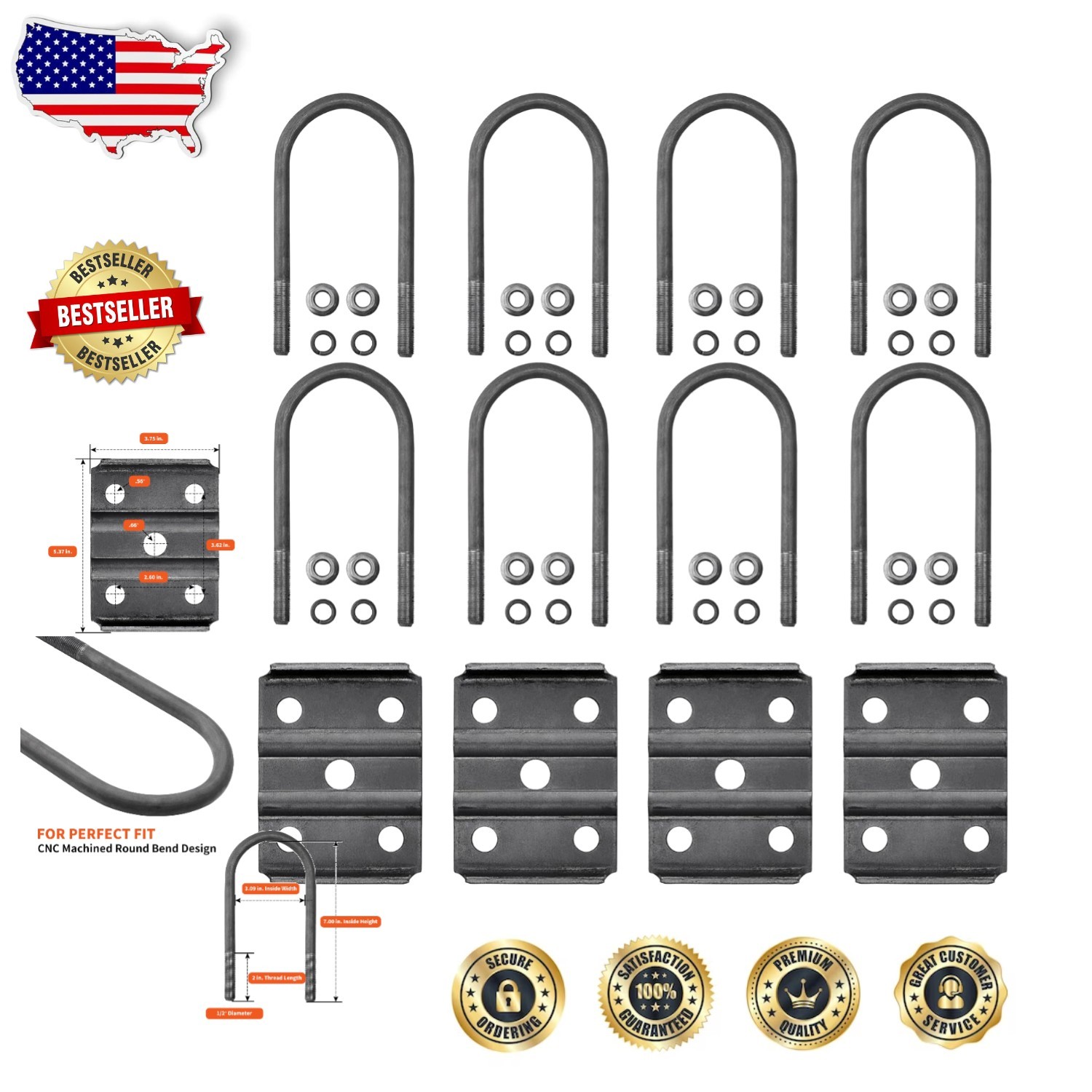 Trailer U Bolt Kit 1/2″ Alloy Steel 7″ Long Grade 8.8 Heavy Duty