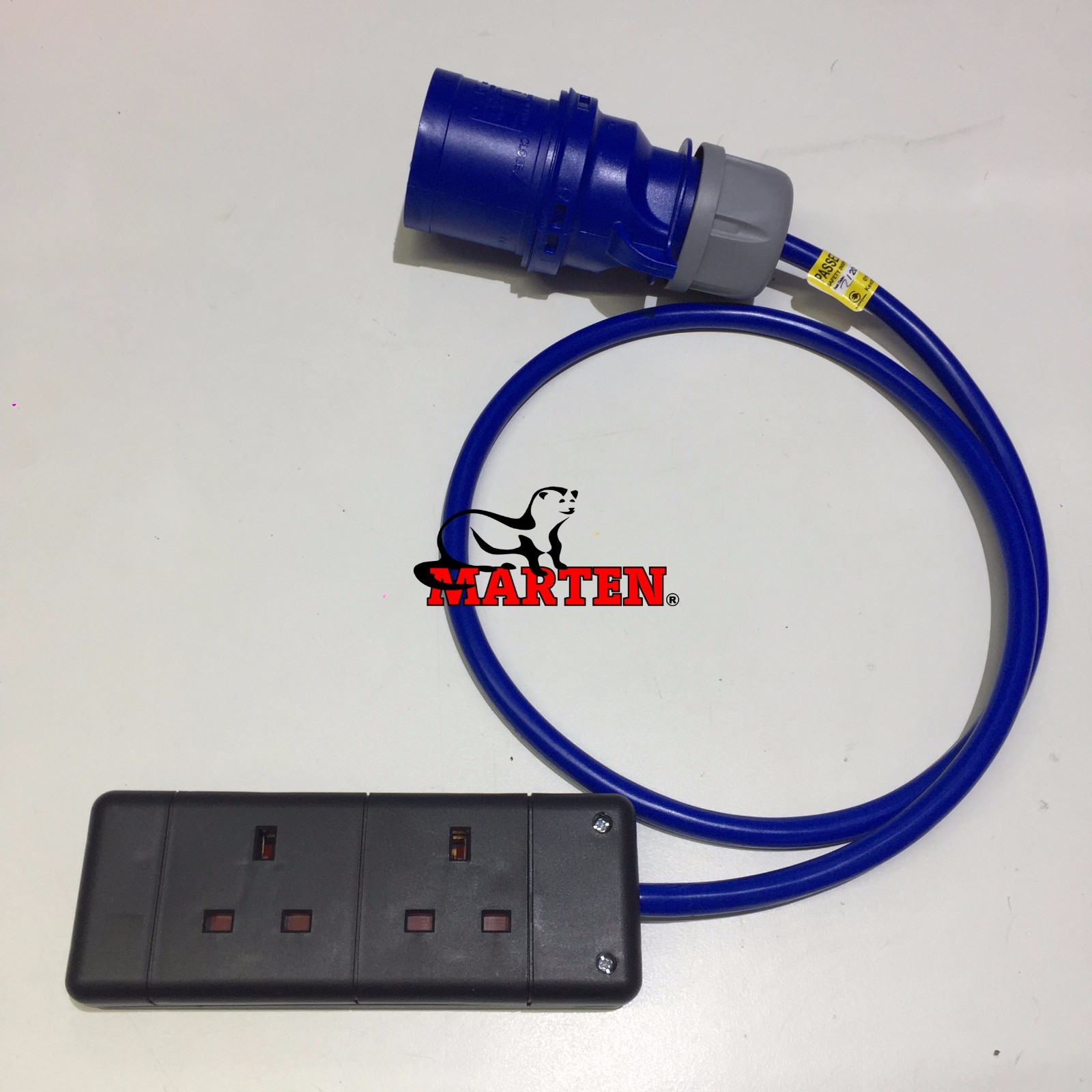 Marten® 230v 32a Plug to 2 Gang 13a Socket Lead Blue Cable 1m Hook Up