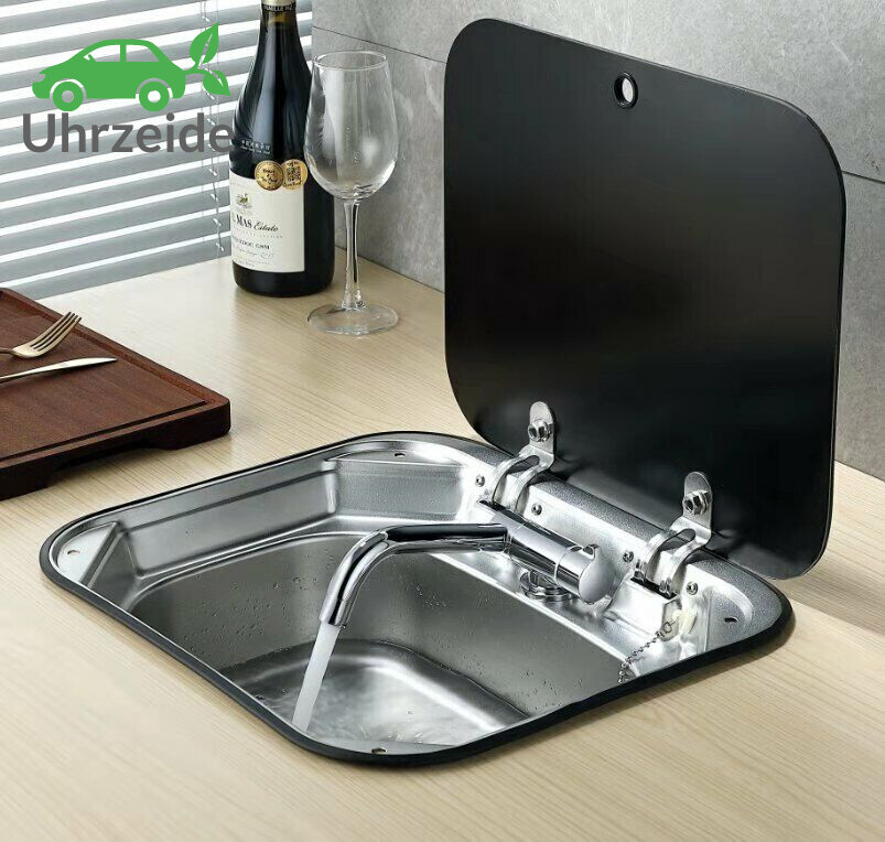Stainless Steel RV Sink Kit Folding Square Outdoor Sink with Lid+Faucet Full Set