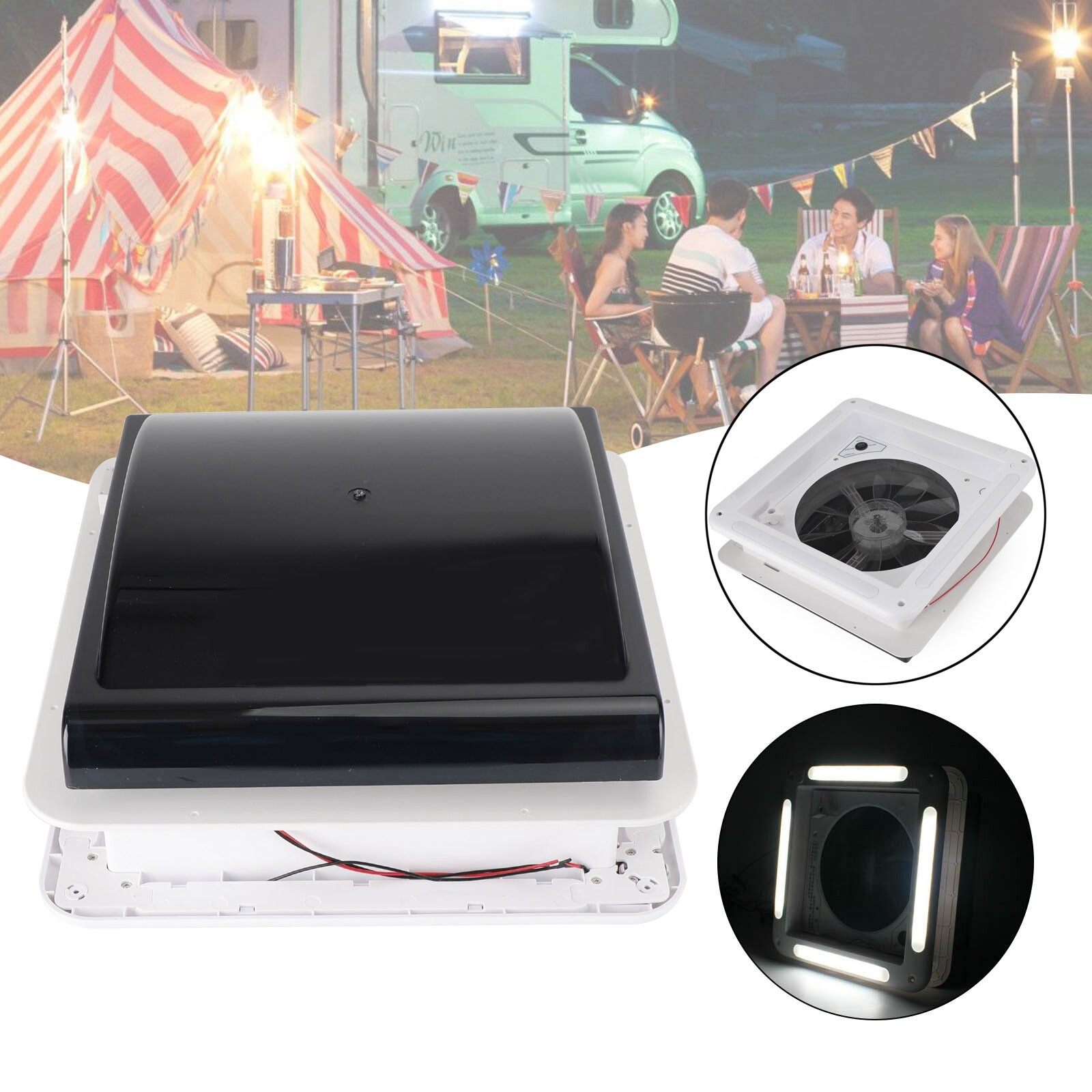 Large LED RV Caravan Waterproof Skylight Roof Vent Manual Camper Fan 14″ 12V NEW