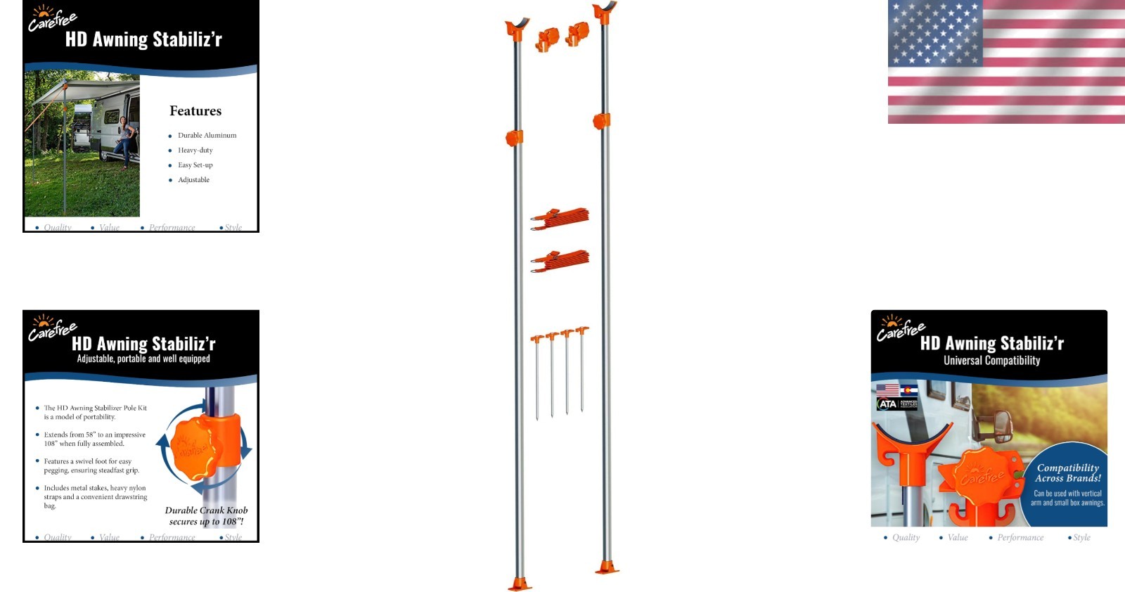 Heavy Duty Awning Stabilizer Pole Kit 108 Inches with Tie Down Accessories