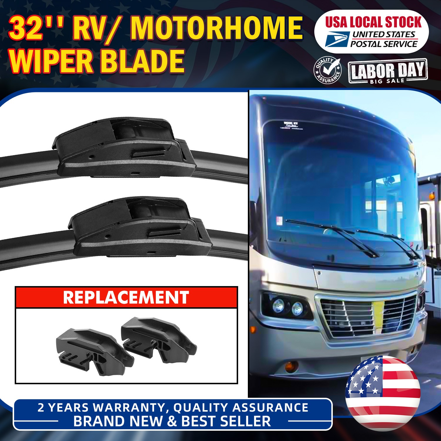 32 Inch Wiper Blade RV Pair or Motorhome rv windshield wipers 9mm 12mm U/J Hook