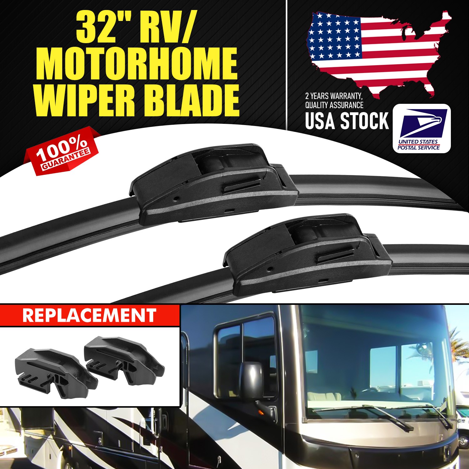 High Quality Rubber 32″ All-season Silent Wiper Blade Pair For RV/Motorhomes NEW