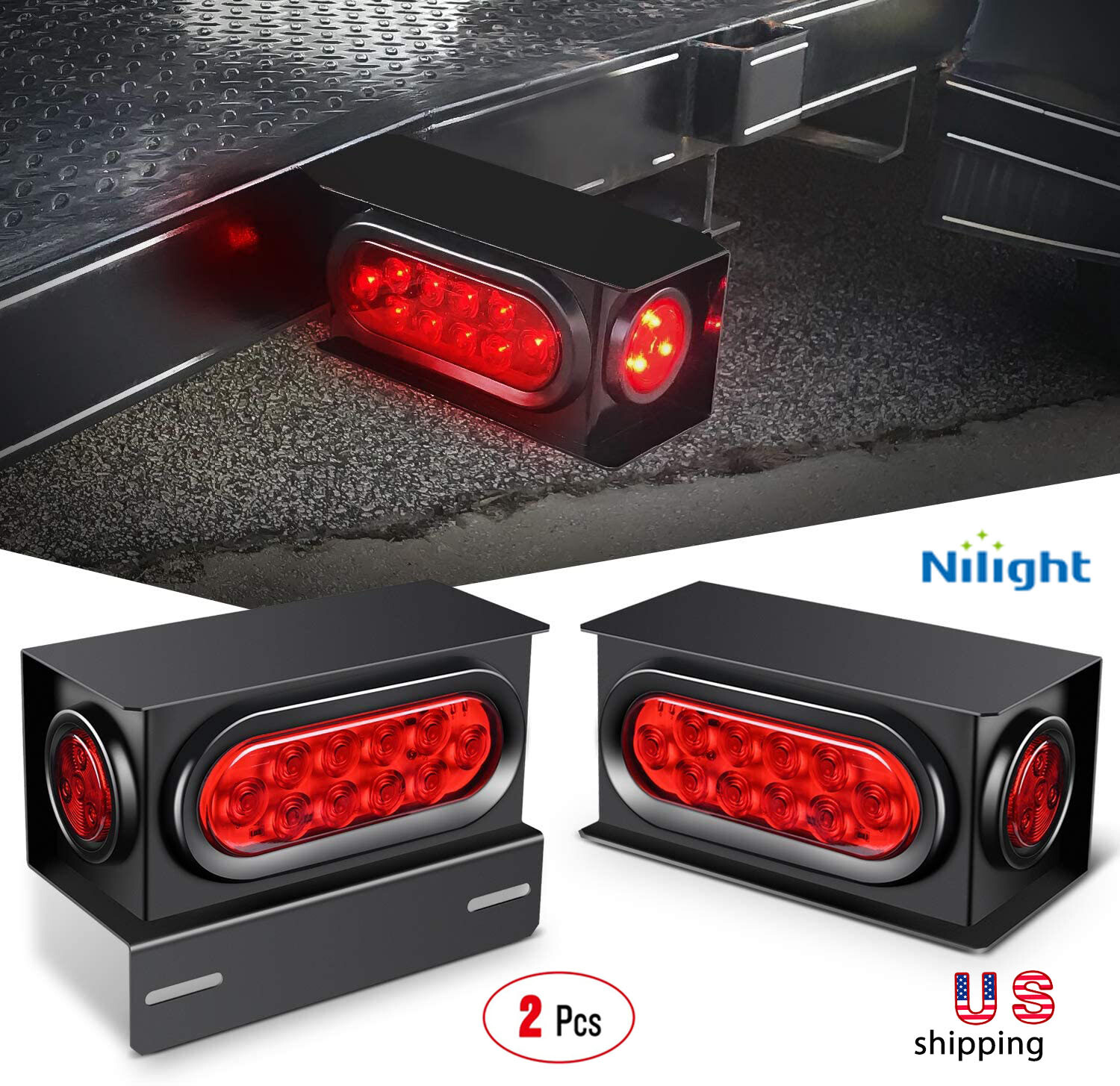 2x LED Trailer Steel Trailer Light Boxes Housing Brackets Kit 6″ Oval Lights Red