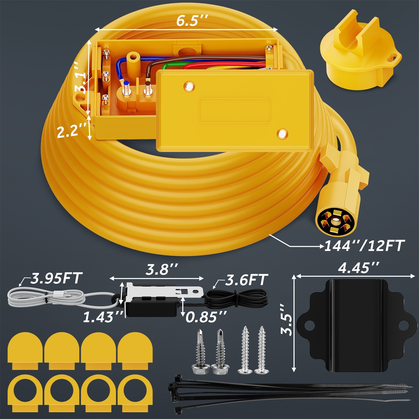 Heavy Duty 7 Way 12 Feet Trailer Cord, Include 12V Breakaway Switch and Plug Kit