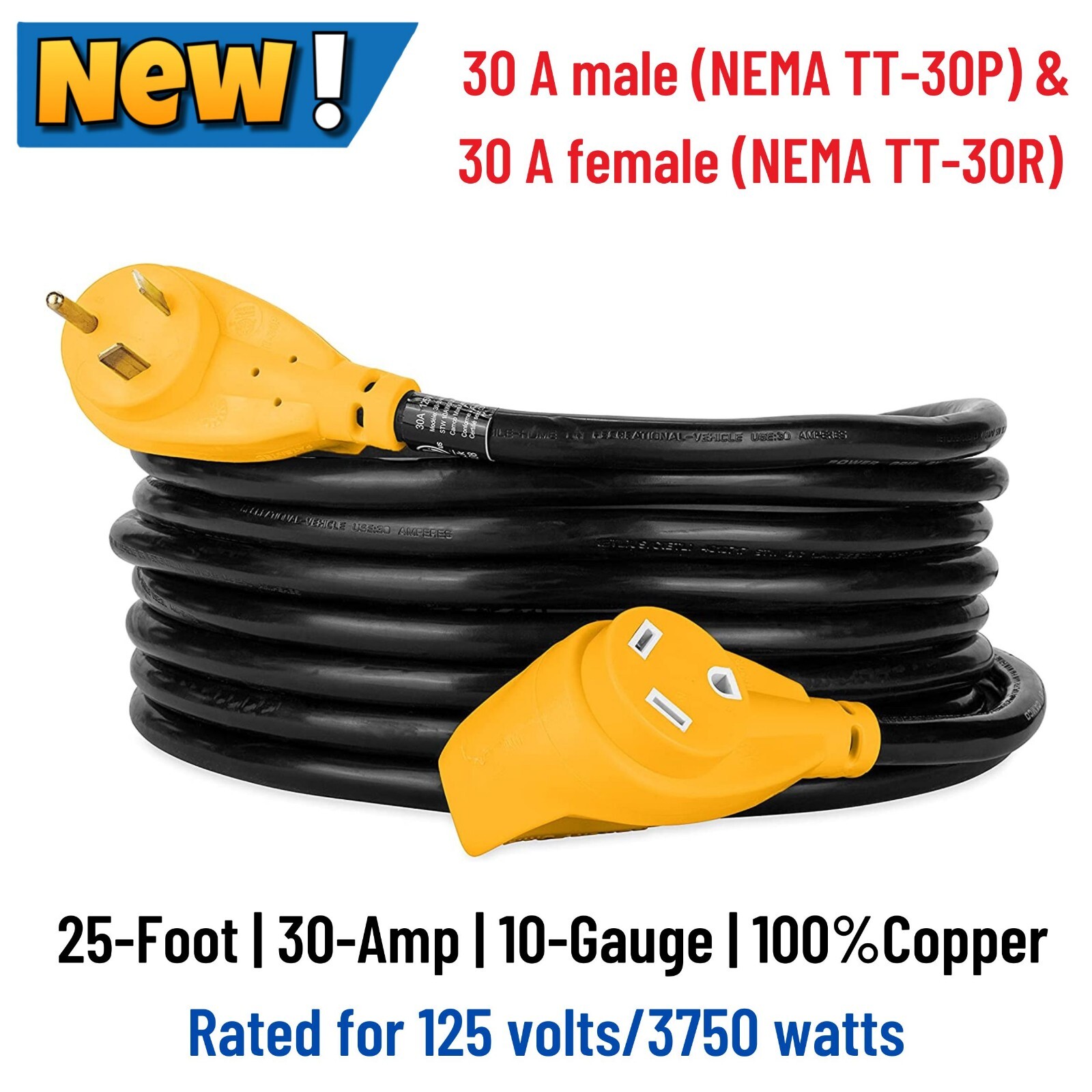 25ft Heavy Duty RV Extension Cord 30A 10 Gauge Power Cable Travel Trailer AC Run