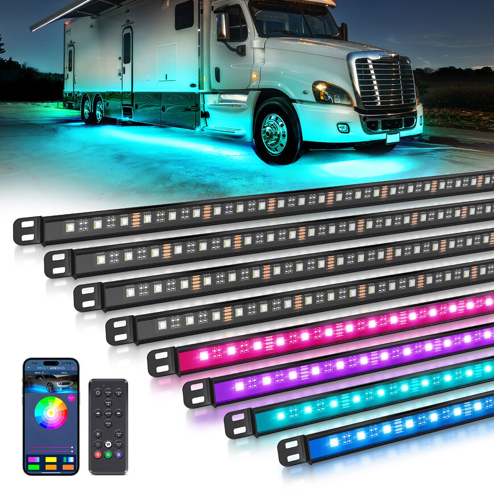 MICTUNING 8PCS RGBW Underglow Light Bars Neon Accent Underbody LED Light strip