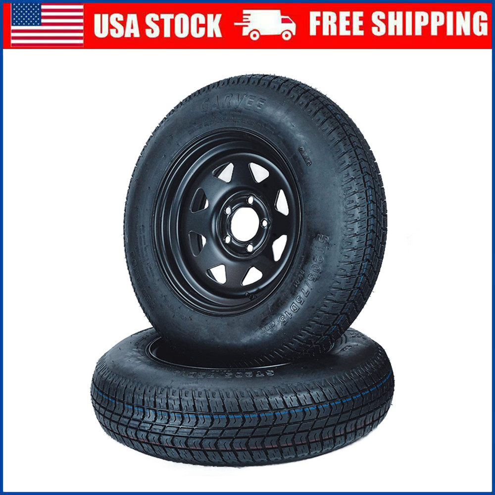 2PCS Trailer Tires with 15″ Rim ST205/75D15 6-Ply Black Spoke Rim 5 Lug on 4.5″