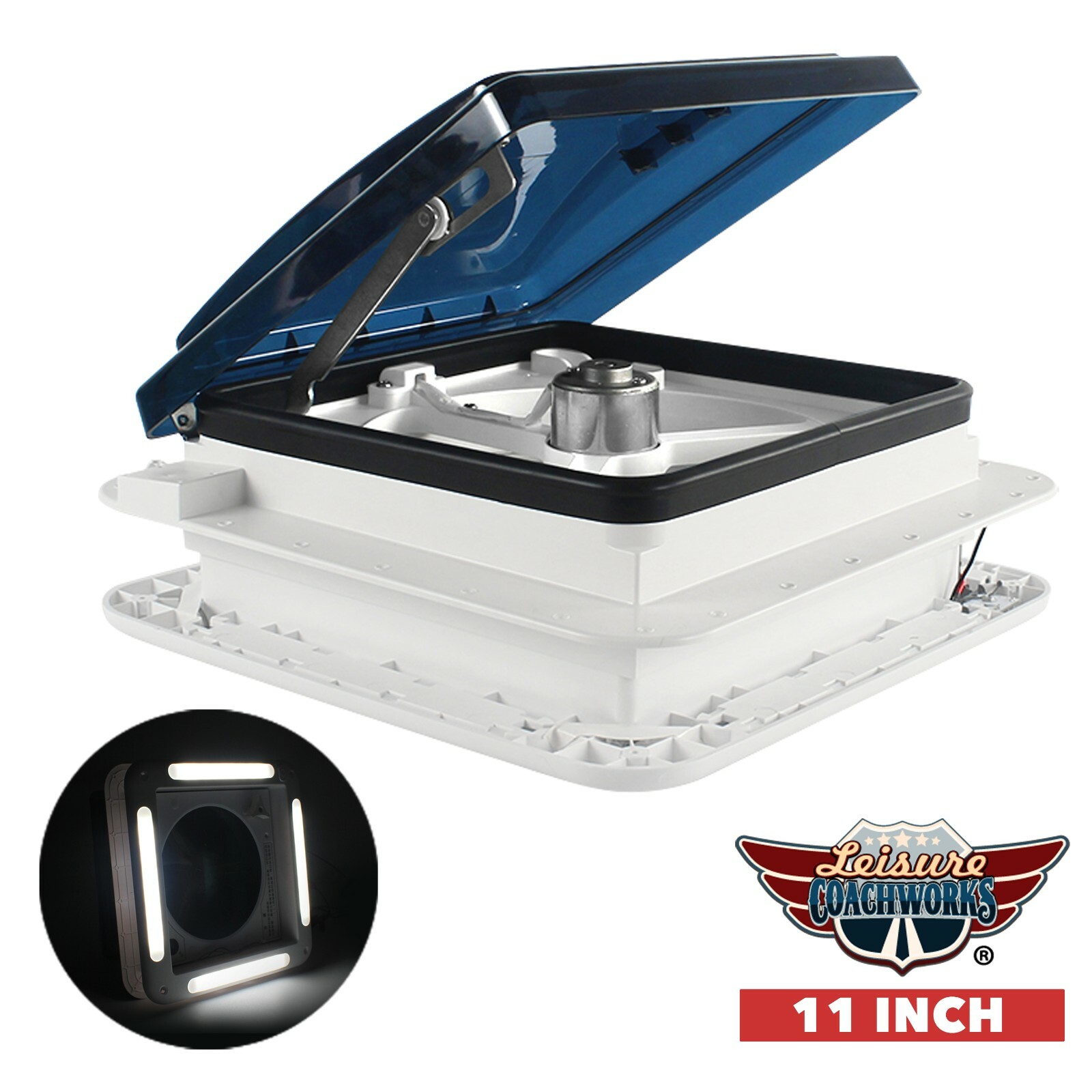 LCW NEW 11″ RV Roof Vent Fan with LED Light 12 Volts Manual Riser Smoked Lid