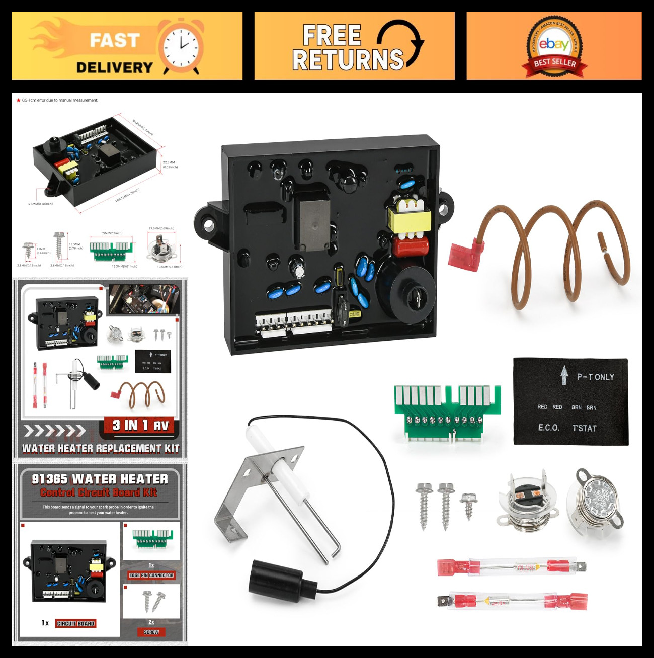 3-in-1 RV Water Heater Control Board Kit with Fuse, Thermal Cut Off & Spark Igni