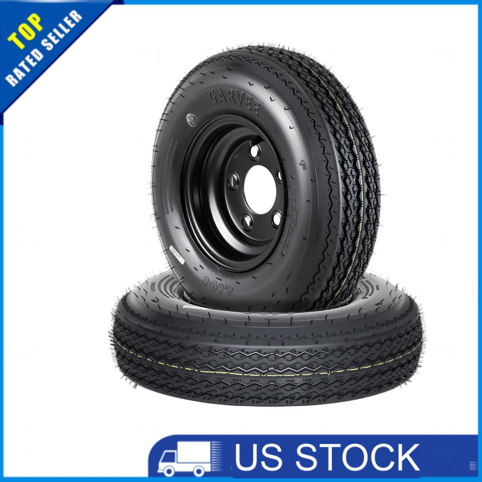 2 Pack 4.80-8 480-8 4.80×8 Trailer Tires on 8″ Rims 5 Lug Black Wheels 6PR Tire