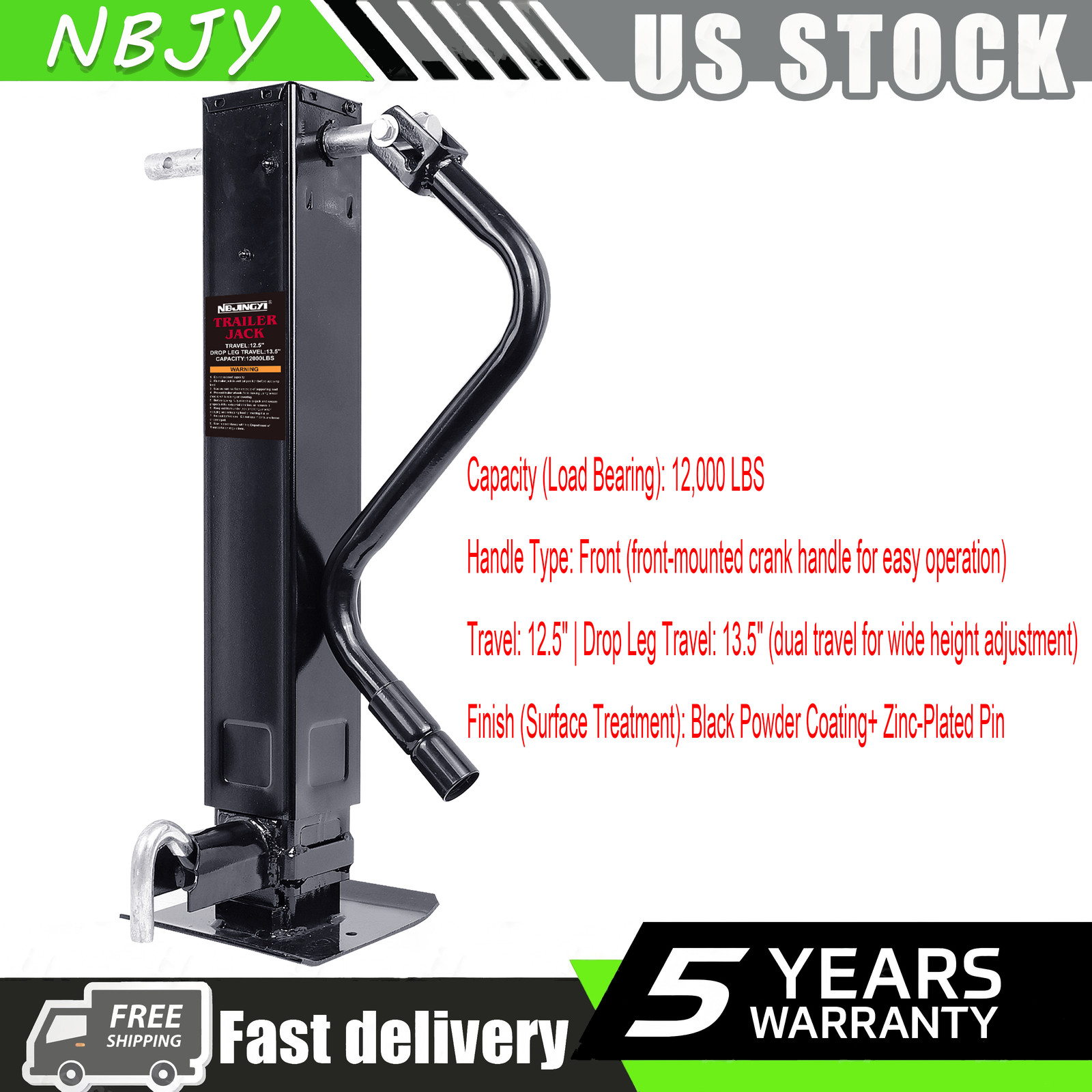12000 lb Heavy-Duty Square Trailer Tongue Jack Weld-on 12.5″ Lift 13.5″ Drop Leg