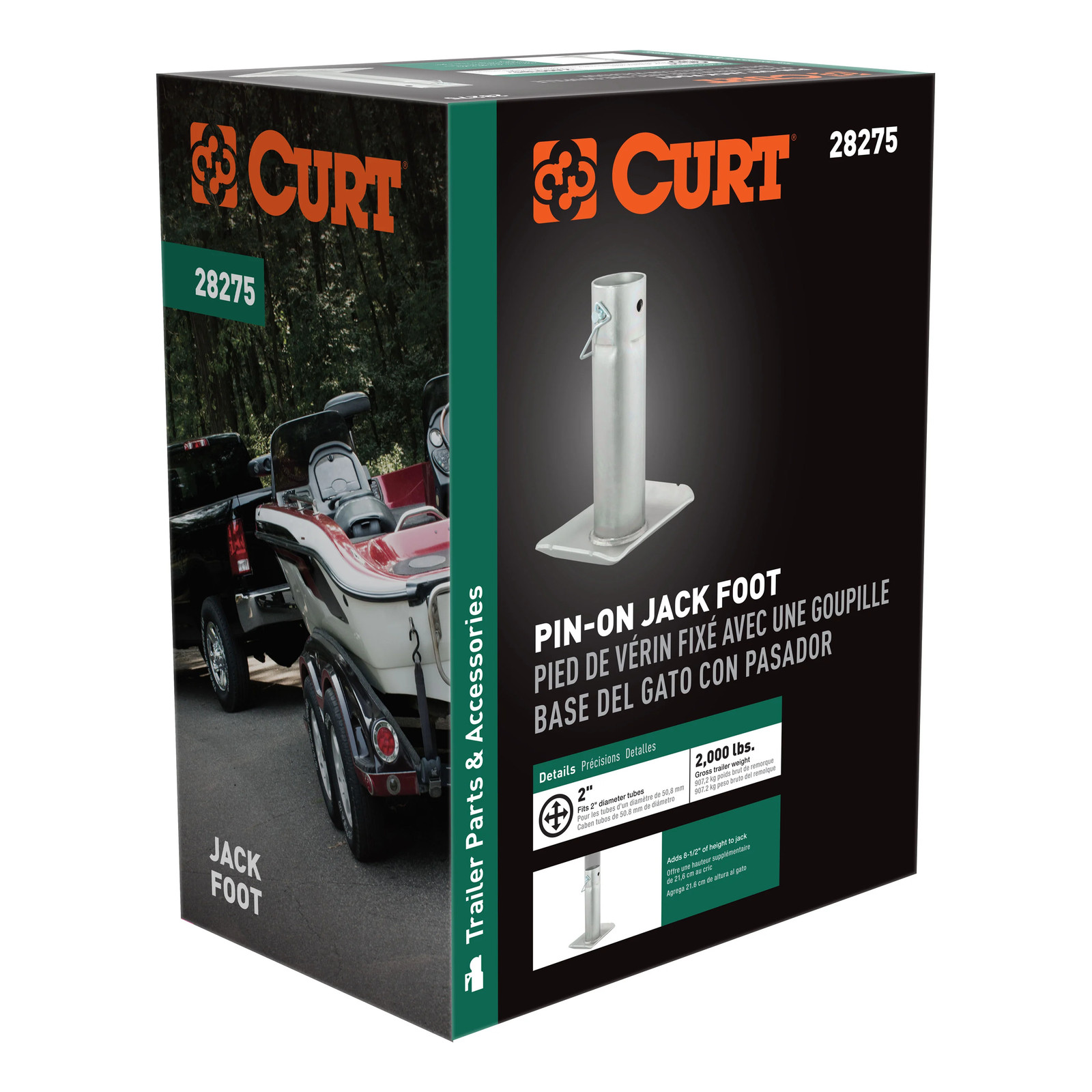 Curt Pin-On Trailer Jack Foot (Fits 2″ Tube, 2,000 lbs, 8-1/2″ Height, Packaged)