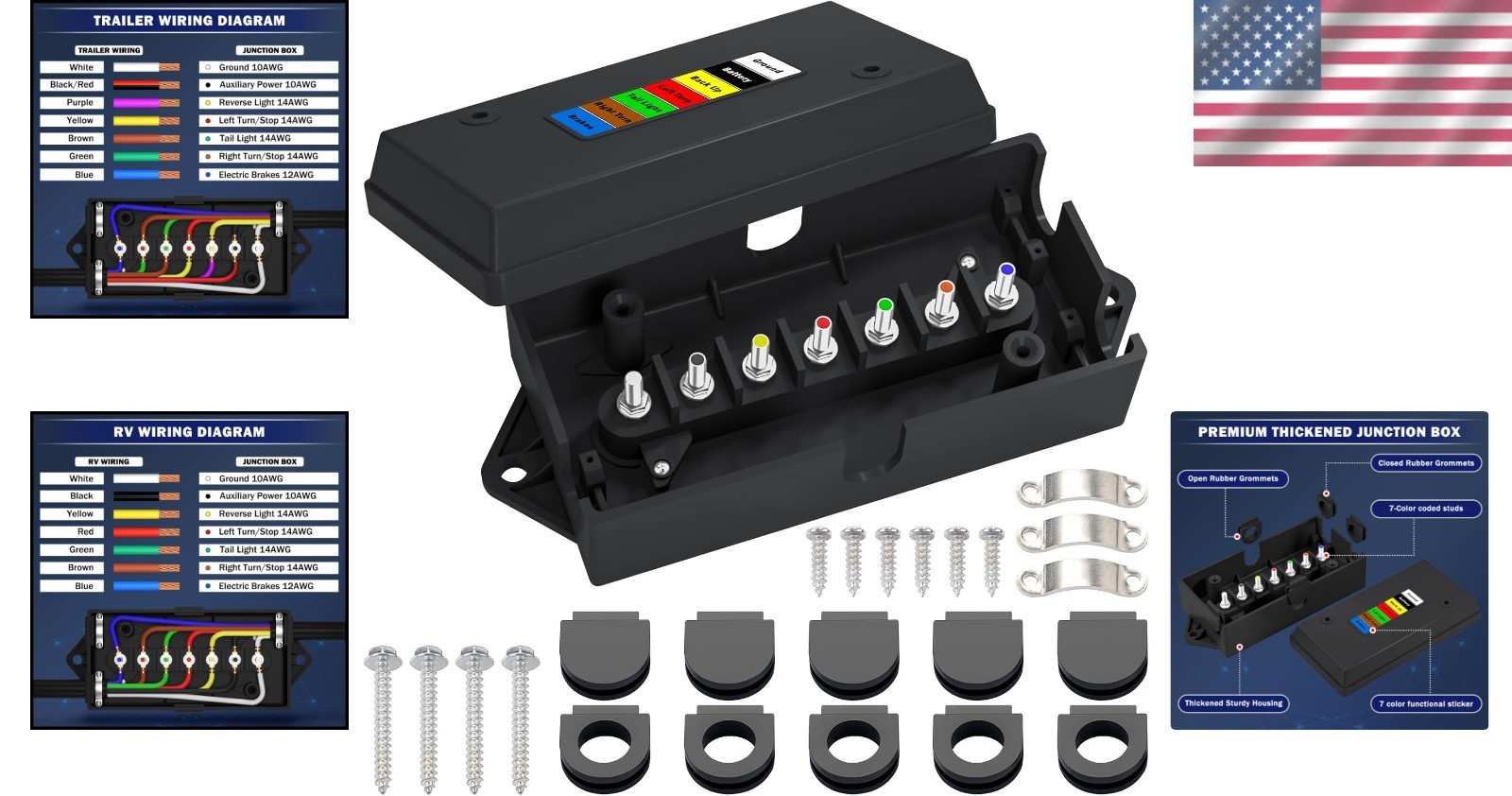 Complete 7-Pin Trailer Junction Box Set with Installation Accessories for RVs